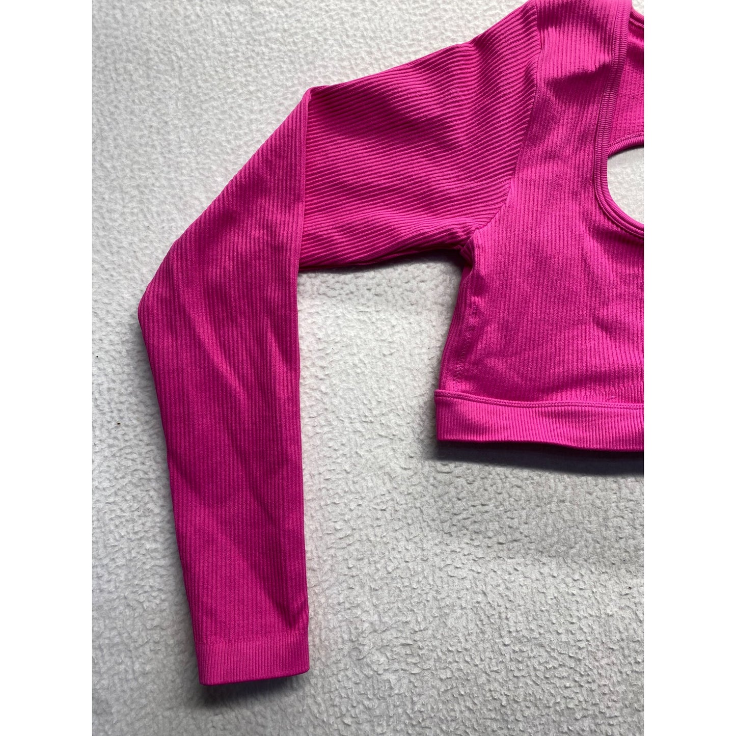 Pink Ribbed Long Sleeve Cut-Out Crop Top #7404