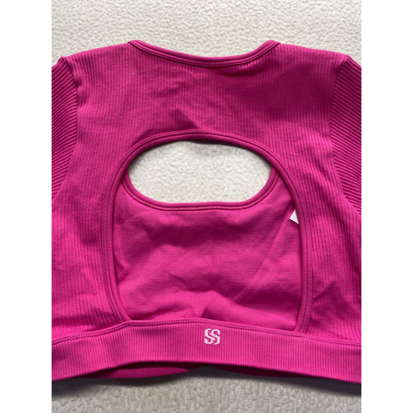 Pink Ribbed Long Sleeve Cut-Out Crop Top #7404