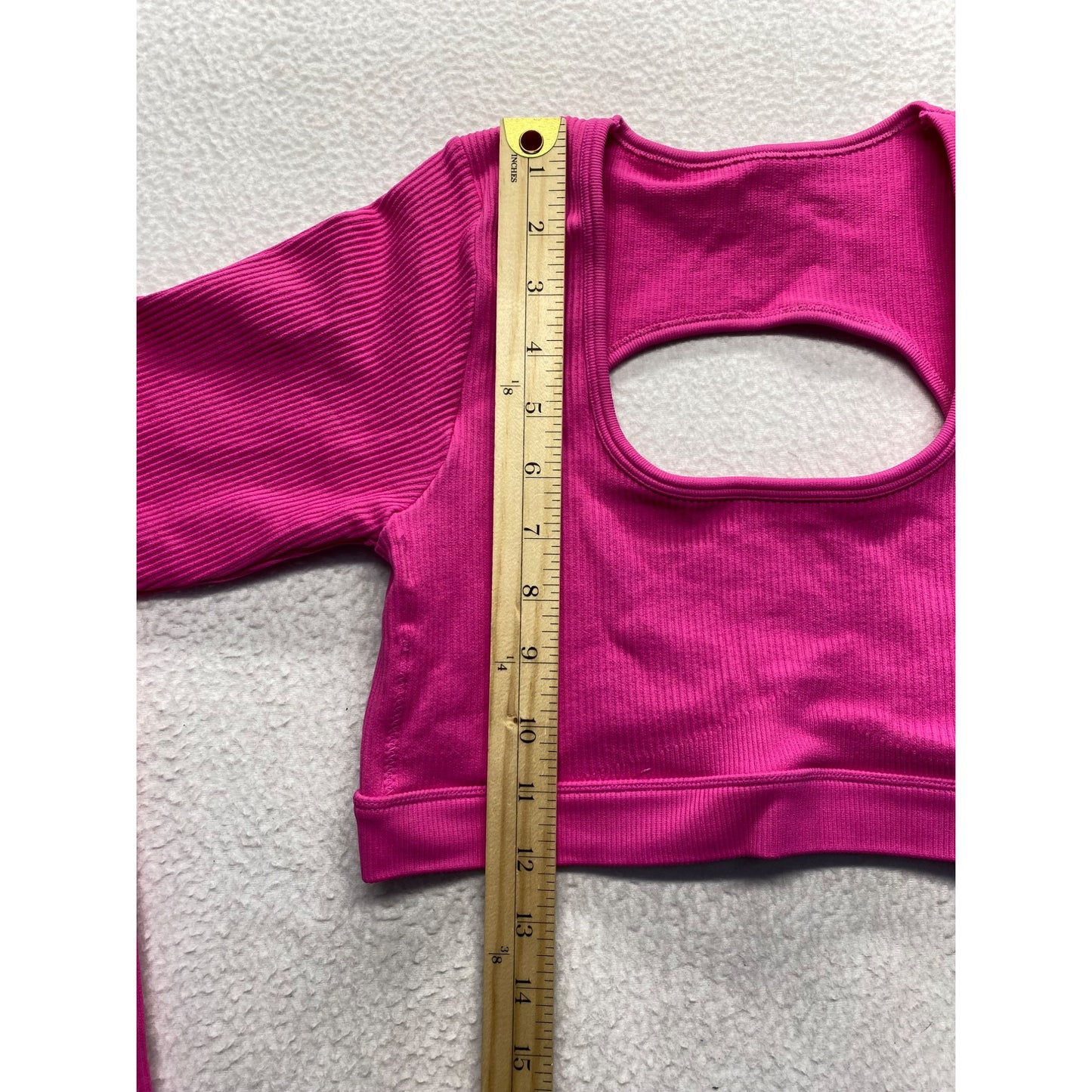 Pink Ribbed Long Sleeve Cut-Out Crop Top #7404