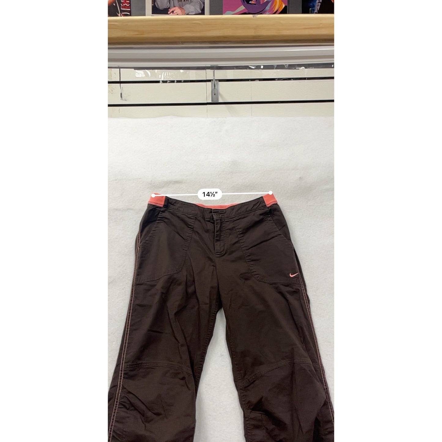 Nike Womens Medium Brown Cargo Pants W/ Coral Waistband & Stitching #6571