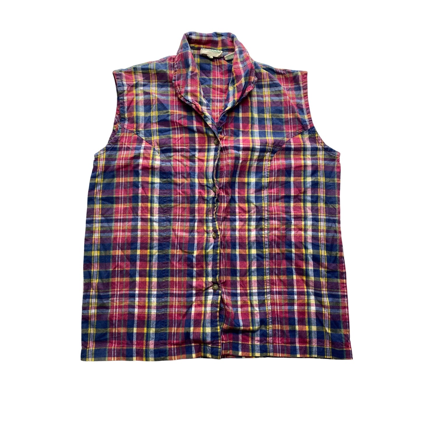 Vintage Johnny Appleseed Outdoors Womens Medium Sleeveless Plaid Button-Up Shirt #7346