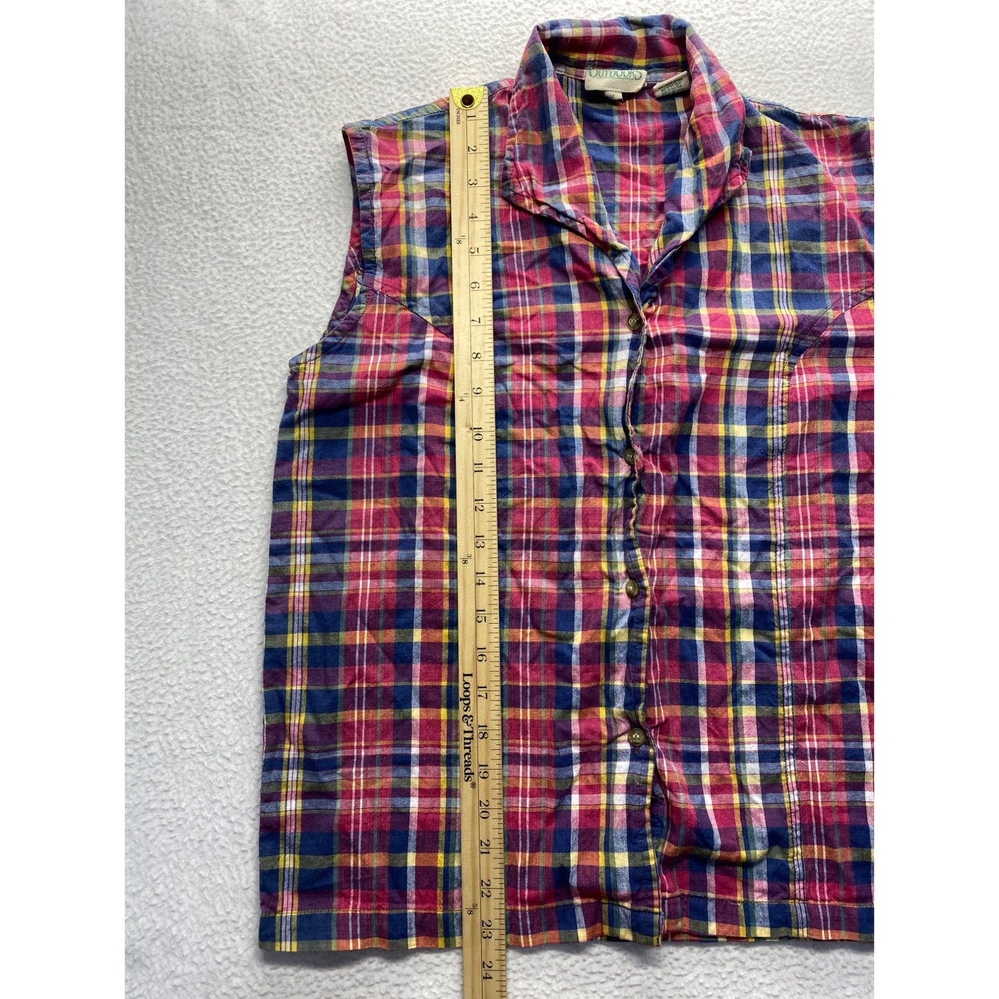 Vintage Johnny Appleseed Outdoors Womens Medium Sleeveless Plaid Button-Up Shirt #7346