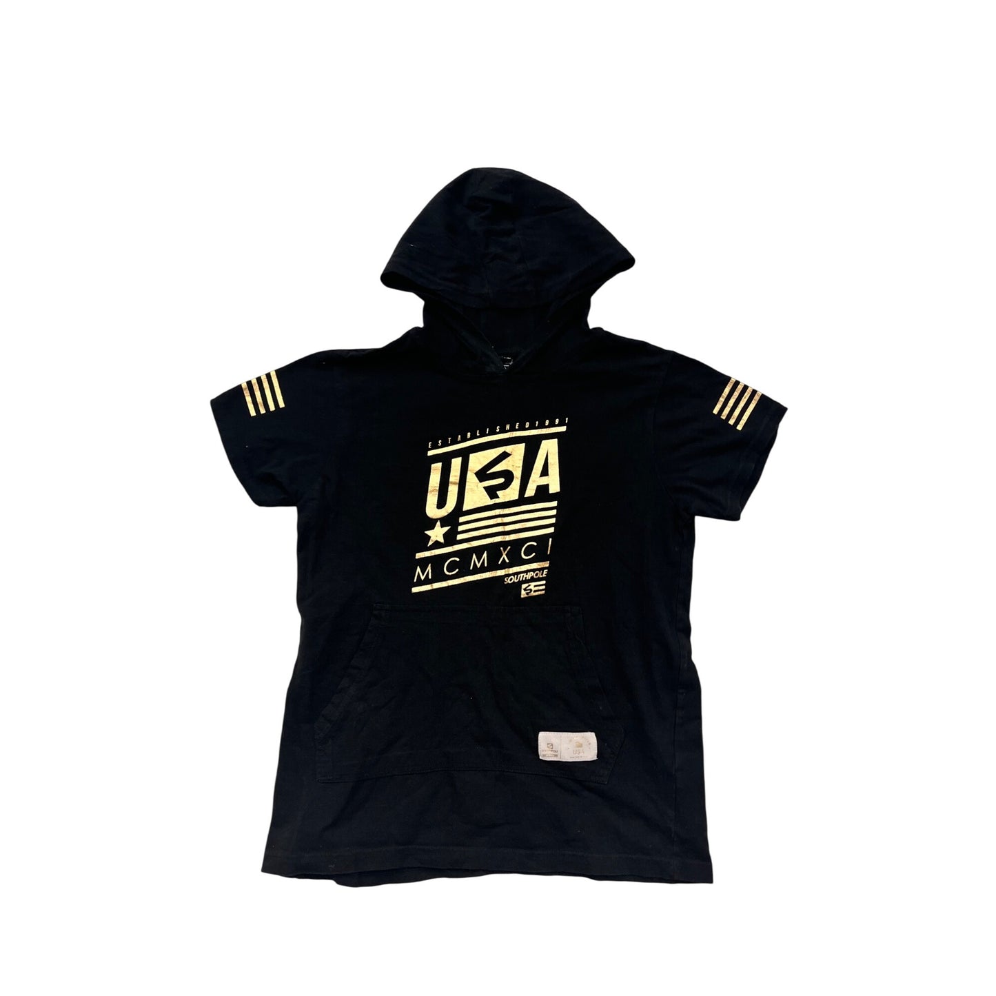 Boys Southpole Black Hoodie T-Shirt Youth Size 14/16 USA Gold Graphic Cotton Casual Wear #6573