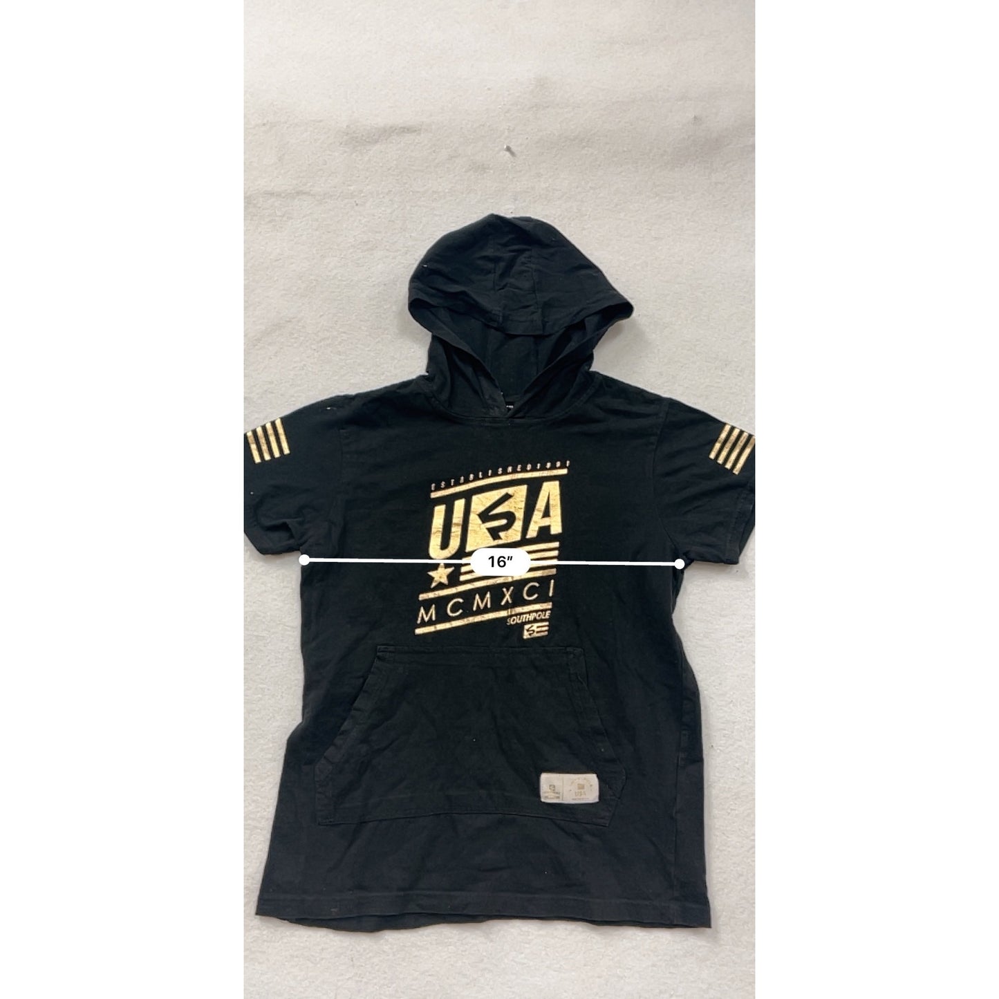 Boys Southpole Black Hoodie T-Shirt Youth Size 14/16 USA Gold Graphic Cotton Casual Wear #6573