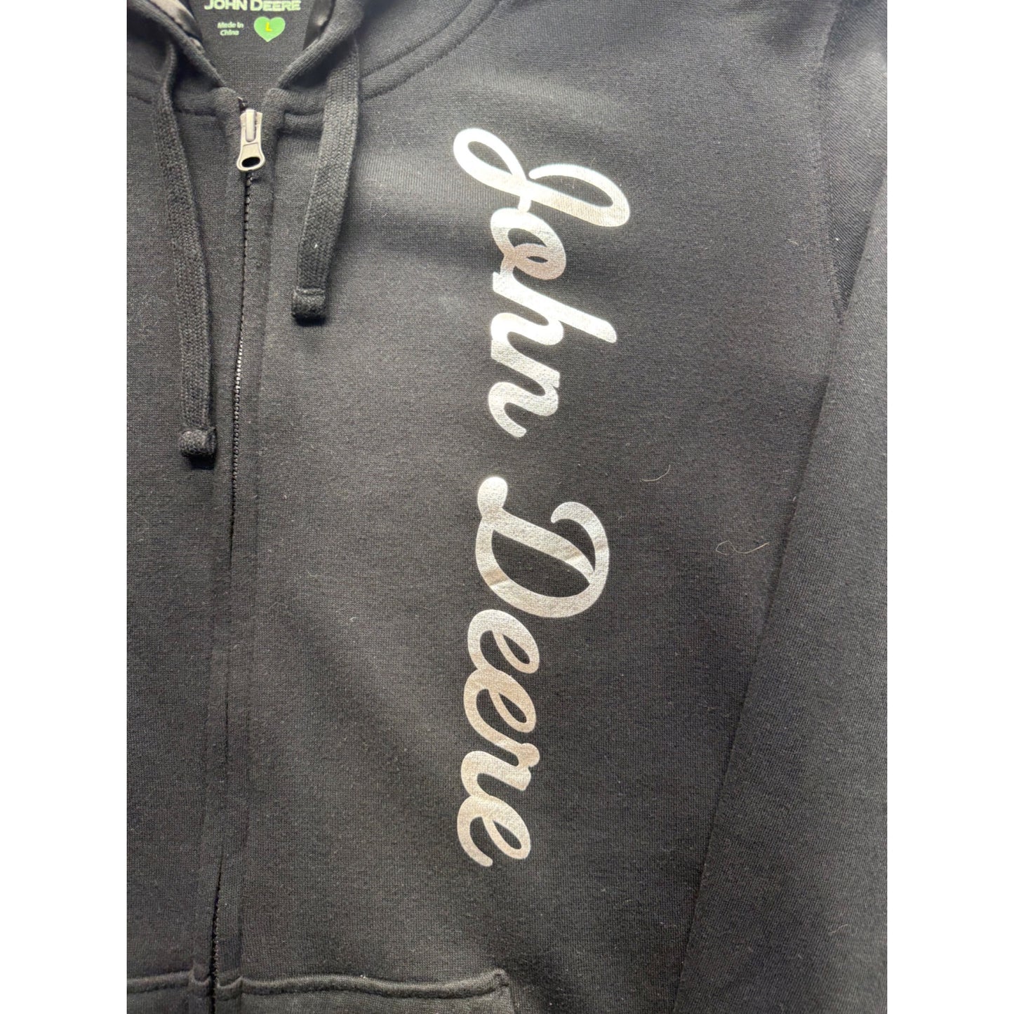 John Deere Black Hoodie Zip-Up Sweatshirt Size L Womens #7815