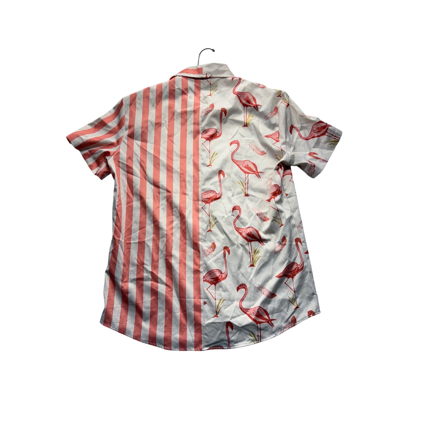 Flamingo & Striped Short-Sleeve Button-Up Shirt By Vatpave #7549