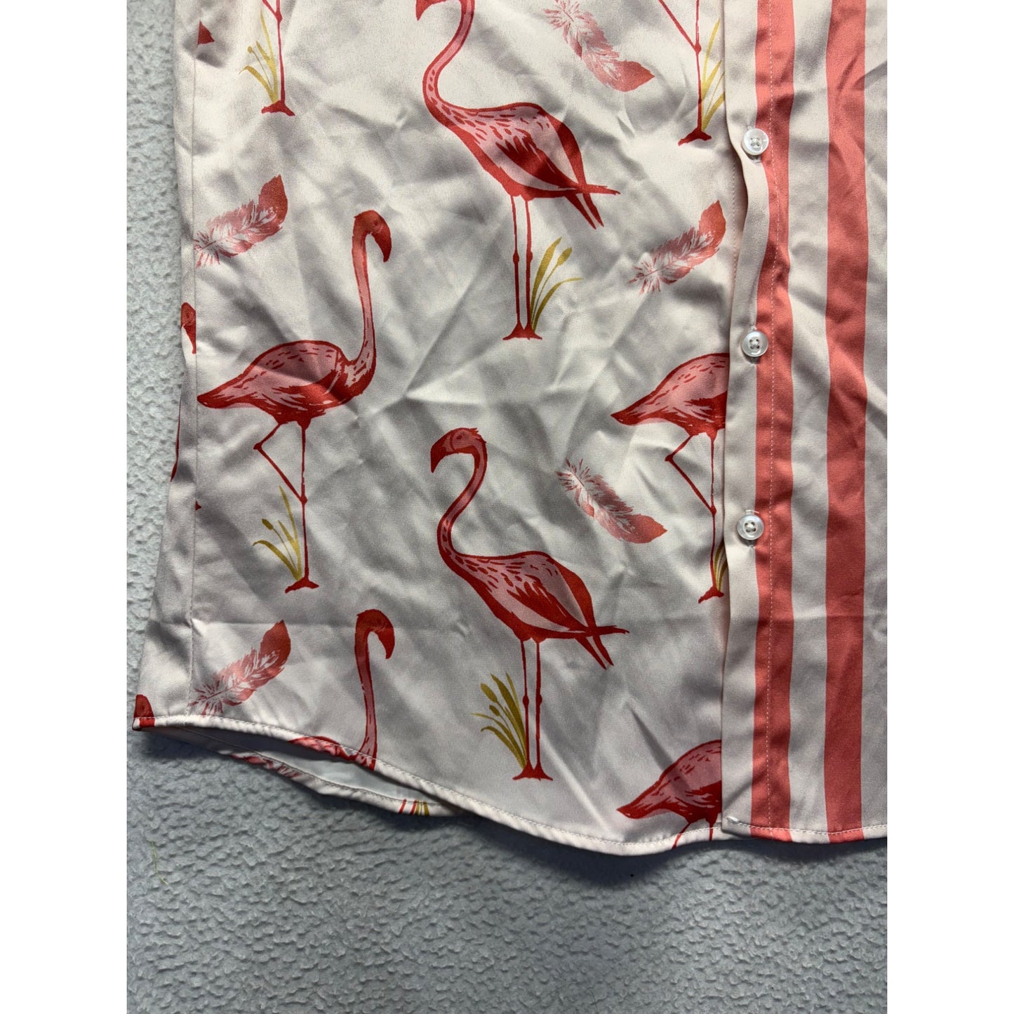 Flamingo & Striped Short-Sleeve Button-Up Shirt By Vatpave #7549