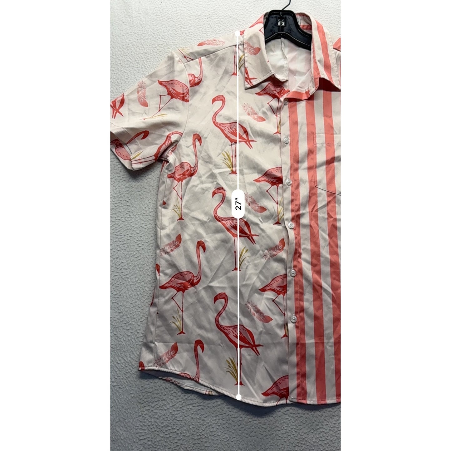 Flamingo & Striped Short-Sleeve Button-Up Shirt By Vatpave #7549