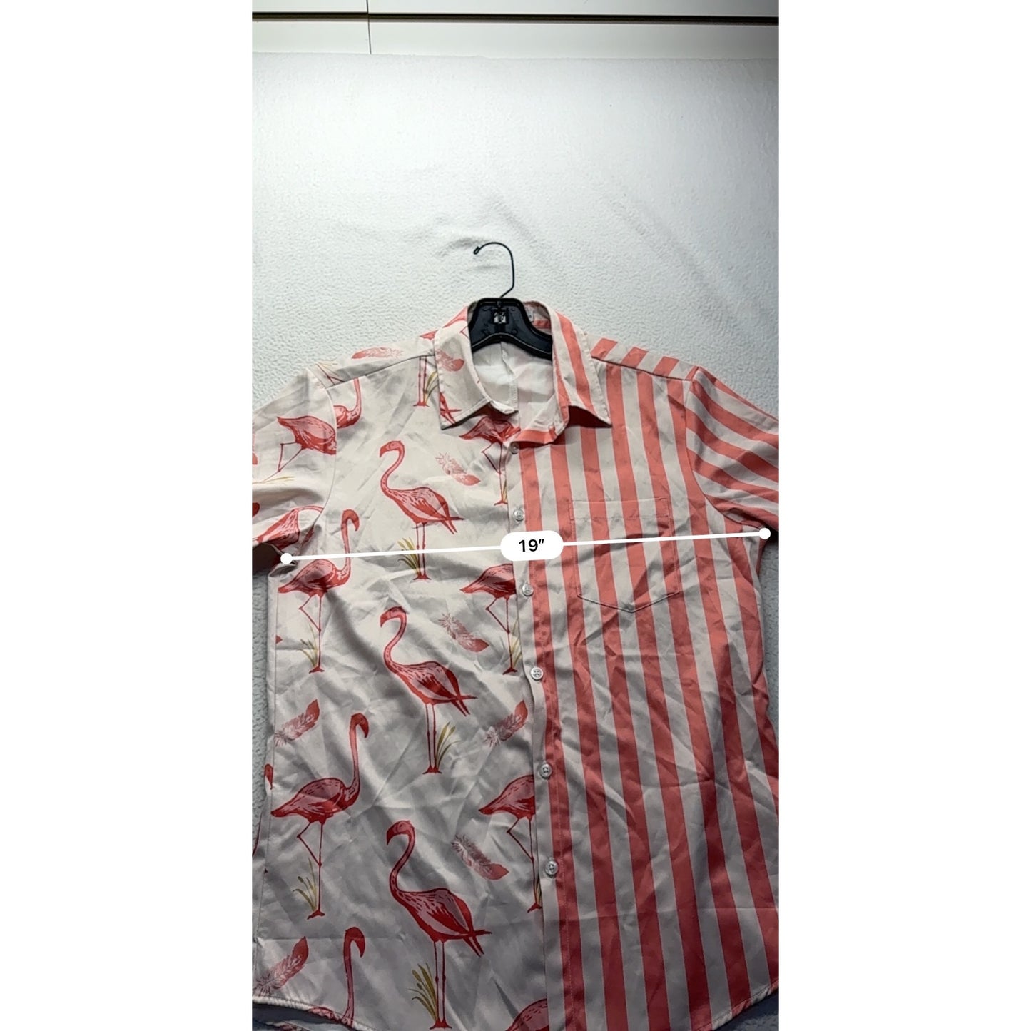 Flamingo & Striped Short-Sleeve Button-Up Shirt By Vatpave #7549