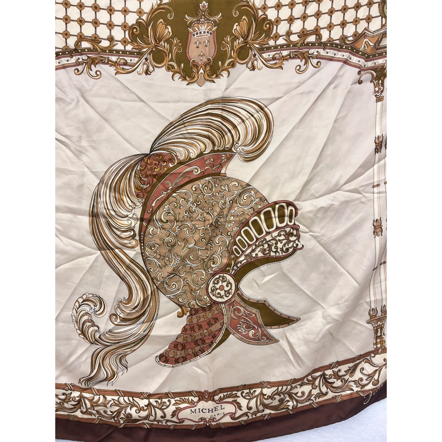 Vintage Michel Paris Silk Scarf With Ornate Helmet Design In Rich Brown & Cream Tones