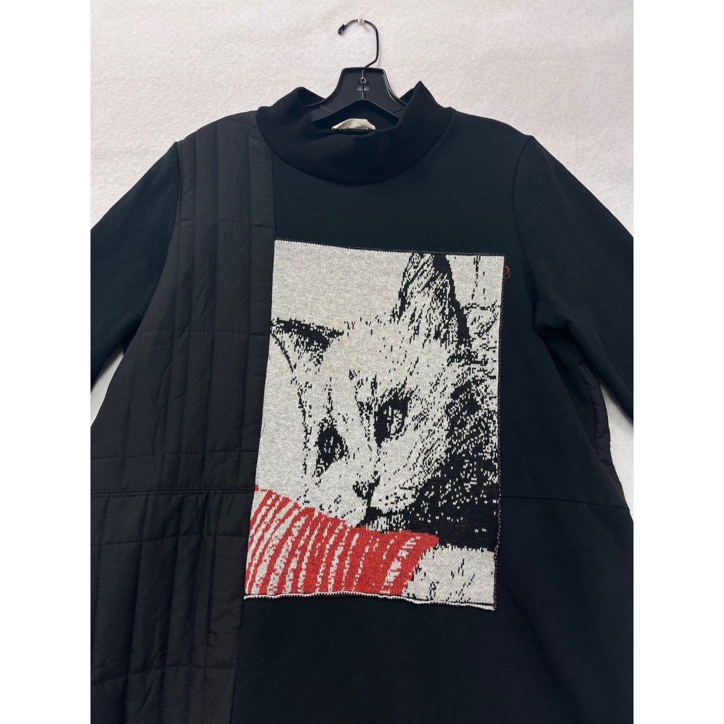 Womens XL Black Yishiji Quilted Long Sleeve Dress With Cat Graphic Panel #8397