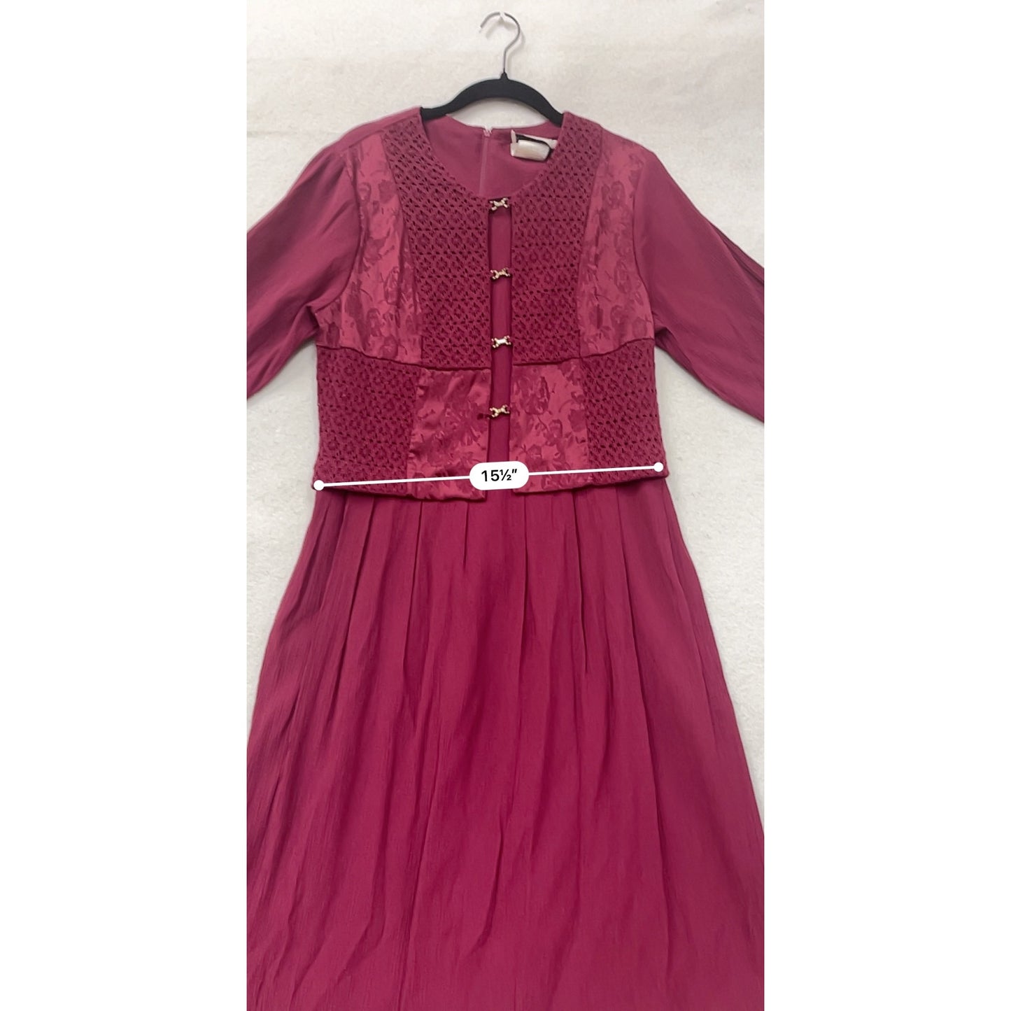 Vintage Miss Dorby Womens Burgundy Long Sleeve Dress W/ Lace Overlay #8190