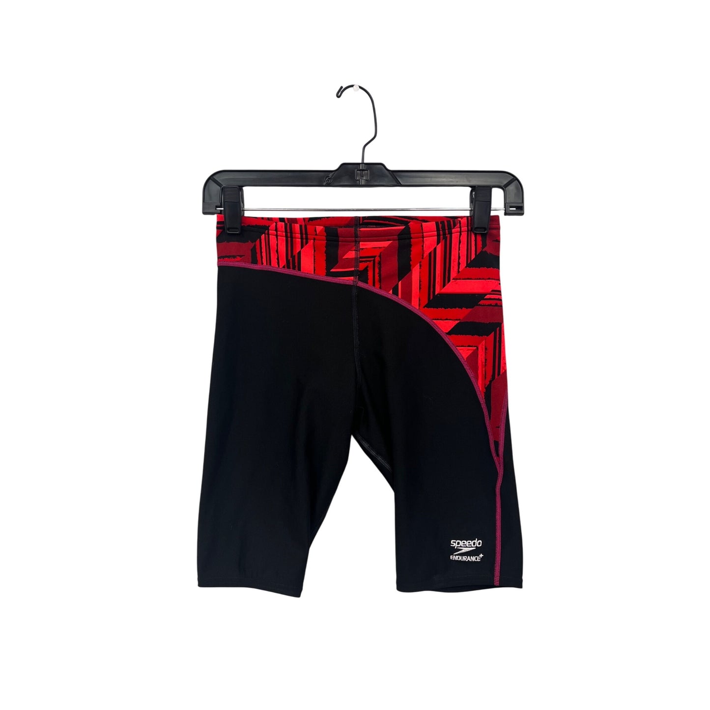 Speedo Endurance+ Boys Jammer Shorts Red/Black Geometric Print Size 28 Swimming Performance Wear #6792