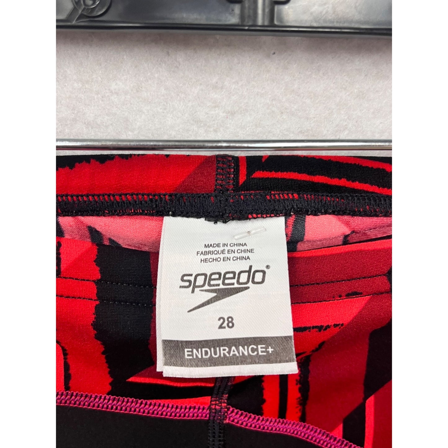Speedo Endurance+ Boys Jammer Shorts Red/Black Geometric Print Size 28 Swimming Performance Wear #6792