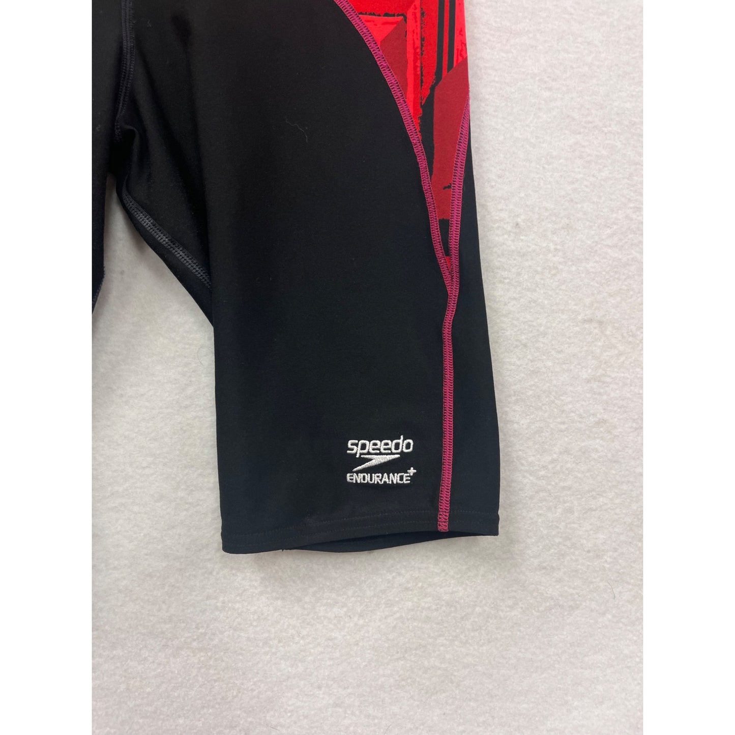 Speedo Endurance+ Boys Jammer Shorts Red/Black Geometric Print Size 28 Swimming Performance Wear #6792