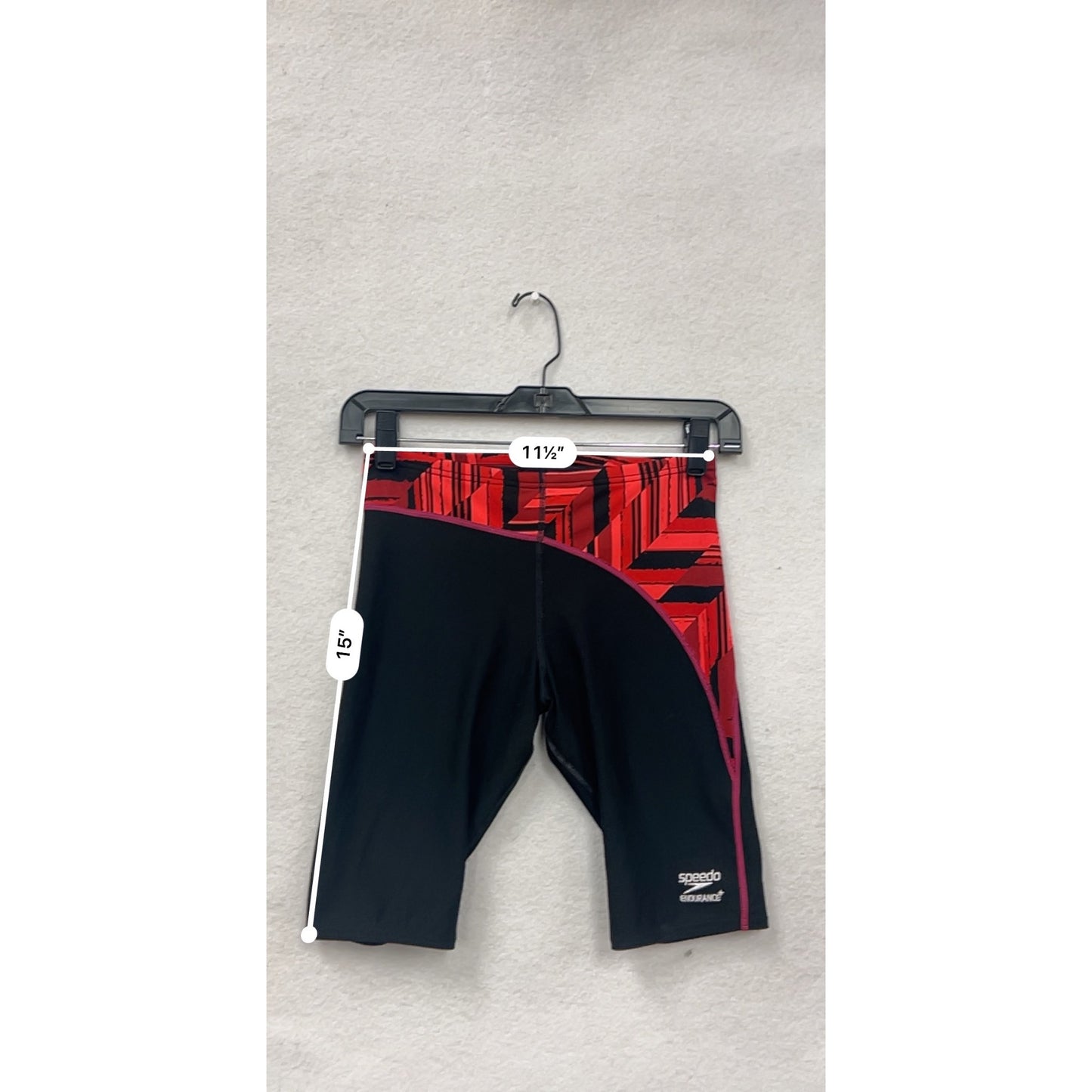 Speedo Endurance+ Boys Jammer Shorts Red/Black Geometric Print Size 28 Swimming Performance Wear #6792