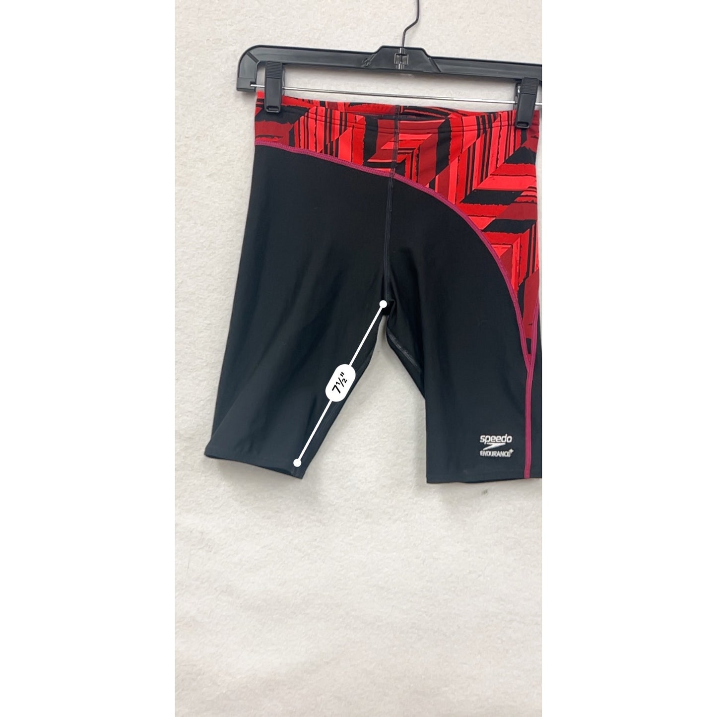 Speedo Endurance+ Boys Jammer Shorts Red/Black Geometric Print Size 28 Swimming Performance Wear #6792