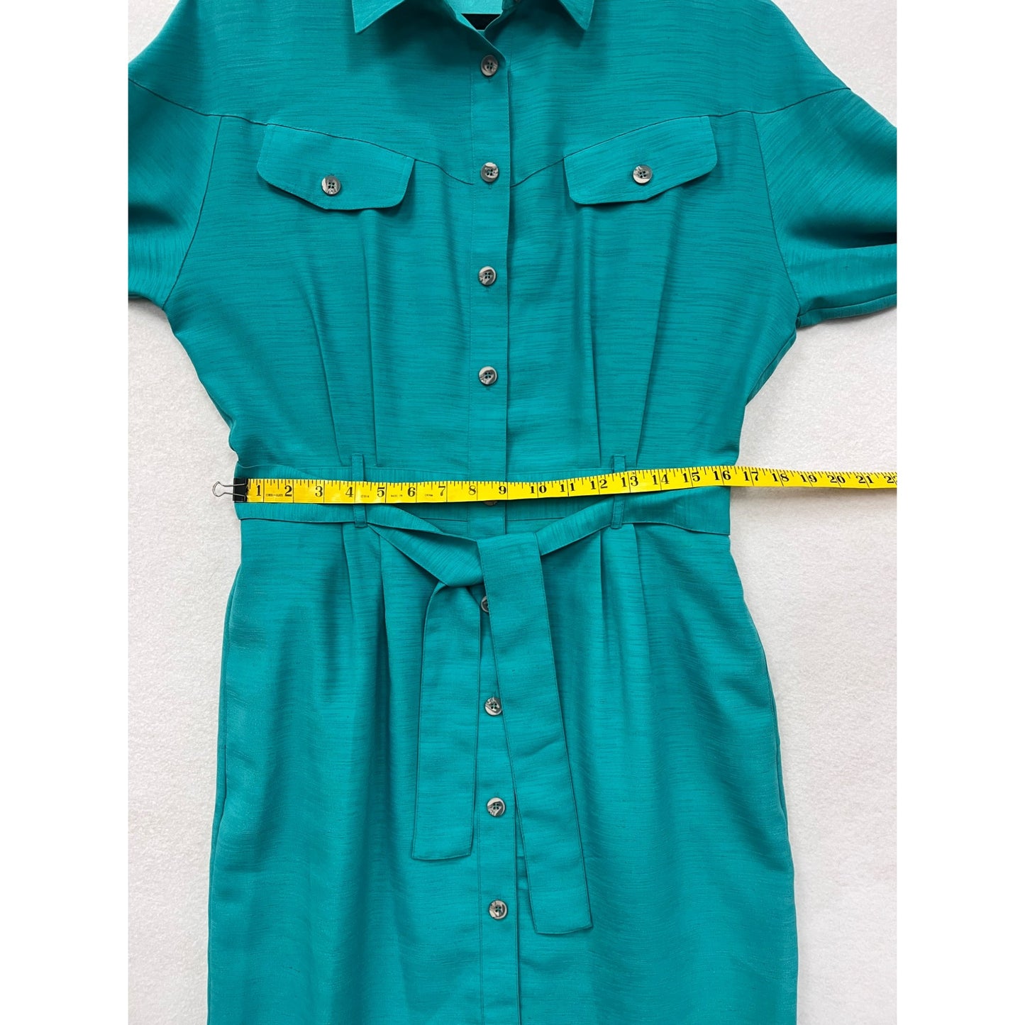 Women’s QPS Teal Belted Shirt Dress Long Sleeves Polyester Size L #2987