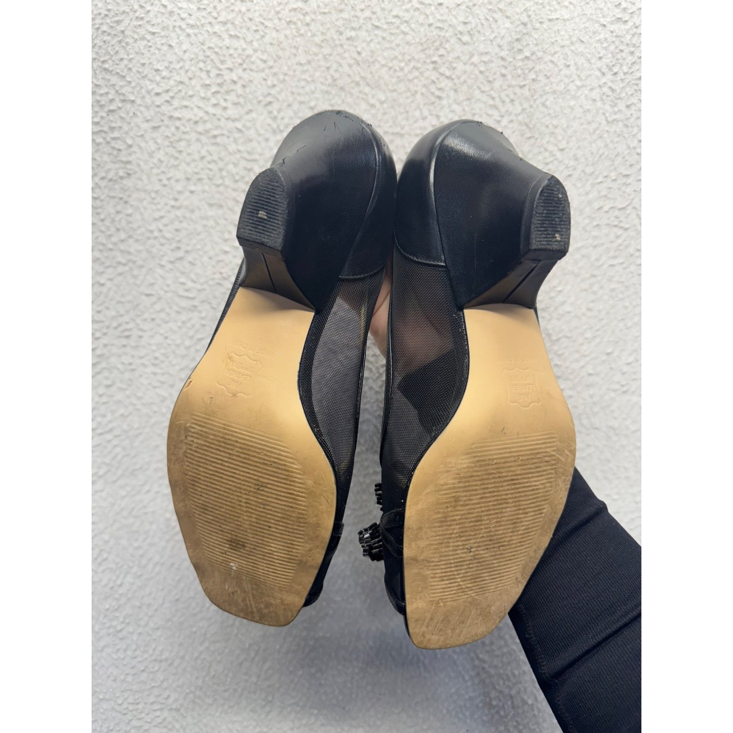 Leather Ros Hommerson Black Flower Peep-Toe Mesh Kitten Heels #9017