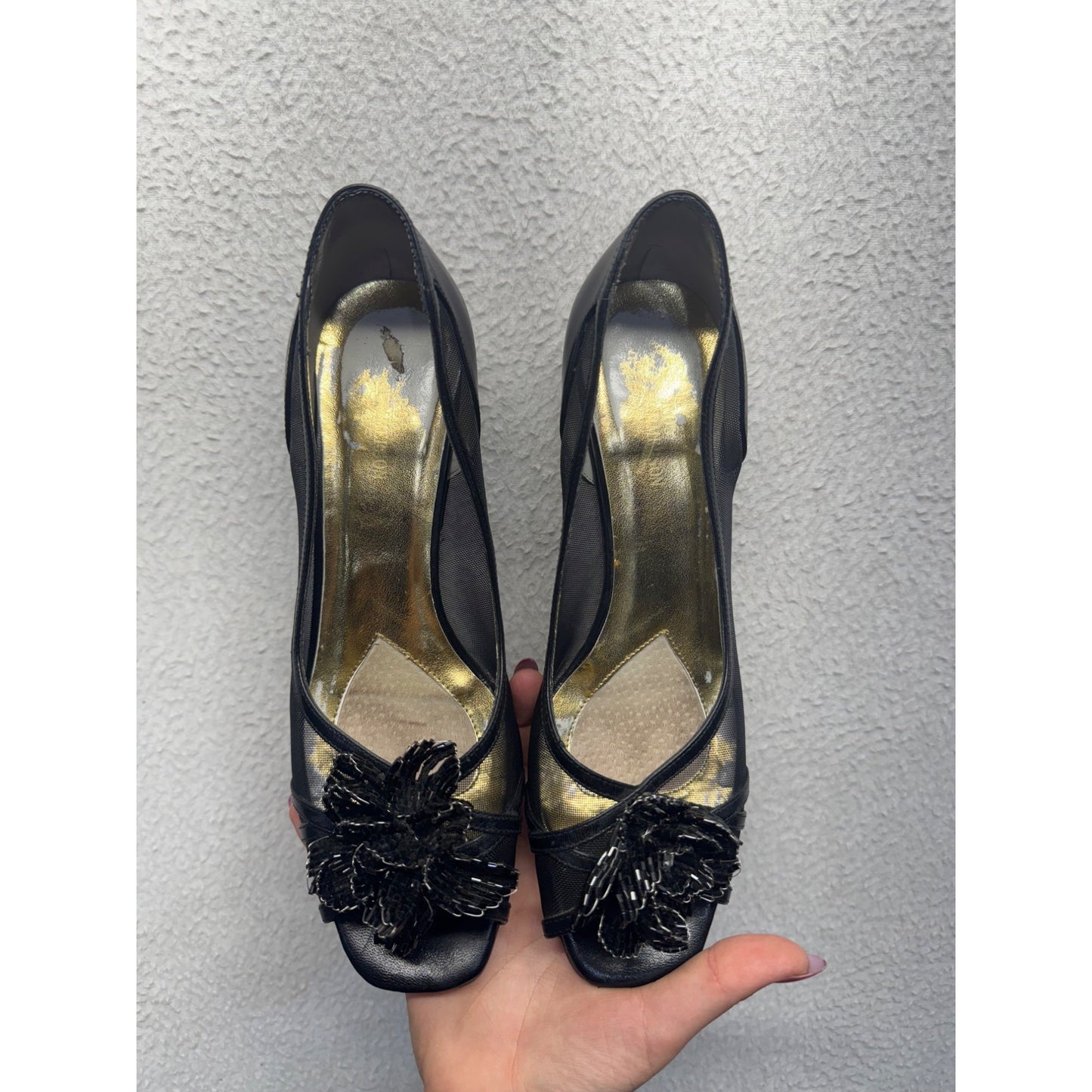 Leather Ros Hommerson Black Flower Peep-Toe Mesh Kitten Heels #9017