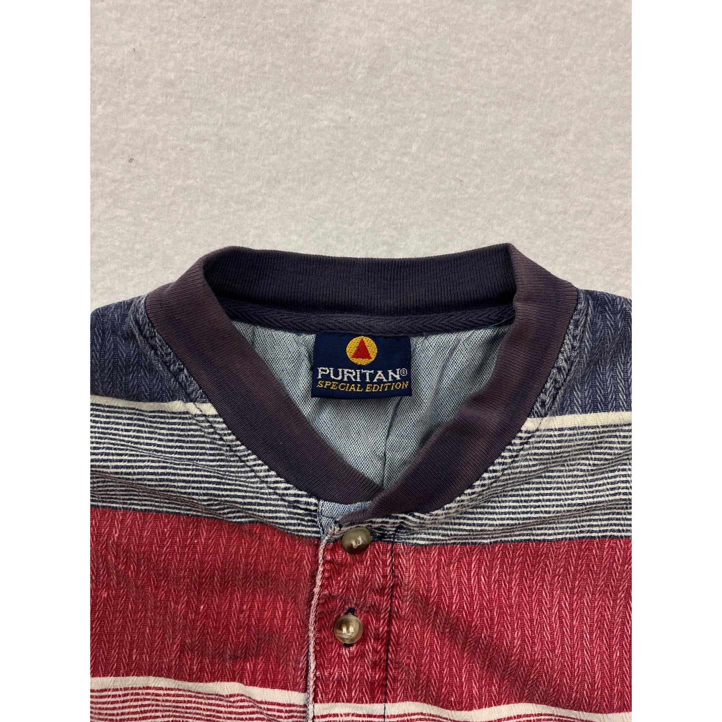 Large Vintage Puritan Special Edition Mens Striped Henley Tee 100% Cotton Red/Blue Stripes #6531