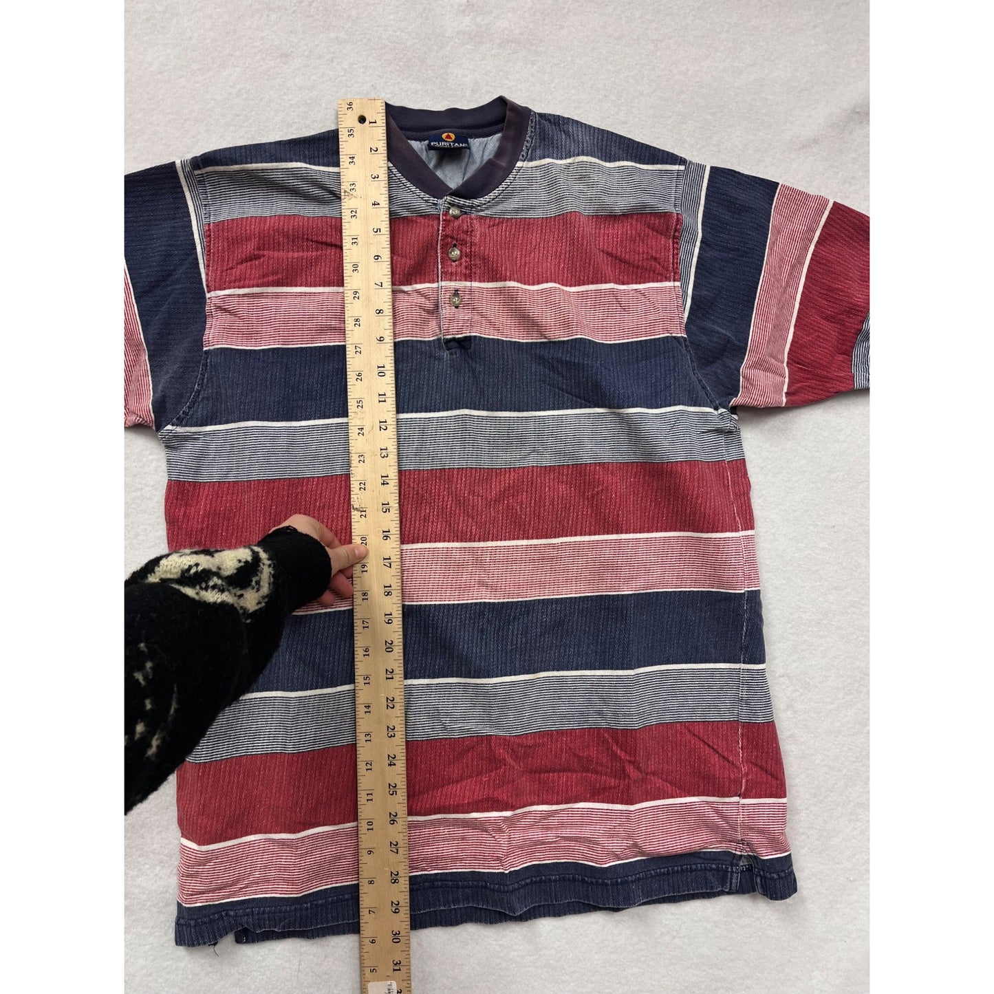 Large Vintage Puritan Special Edition Mens Striped Henley Tee 100% Cotton Red/Blue Stripes #6531
