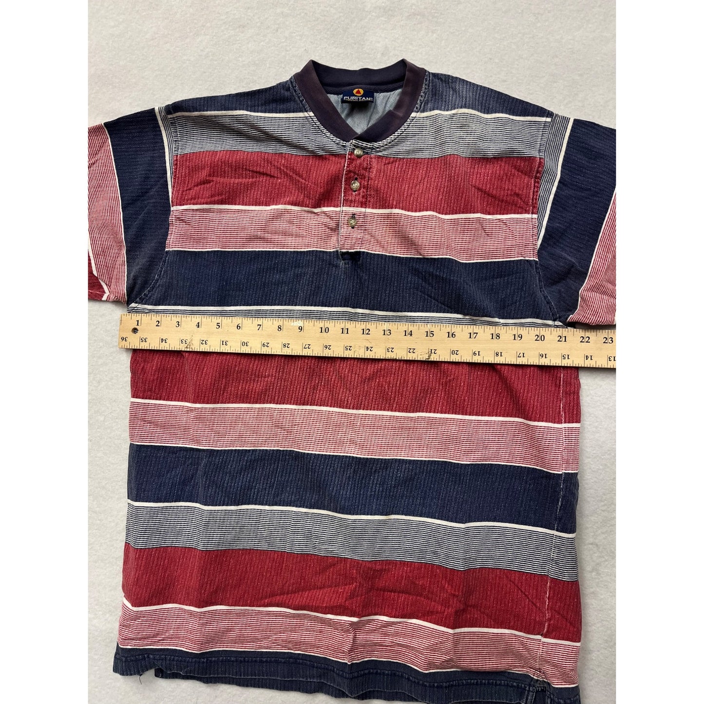 Large Vintage Puritan Special Edition Mens Striped Henley Tee 100% Cotton Red/Blue Stripes #6531