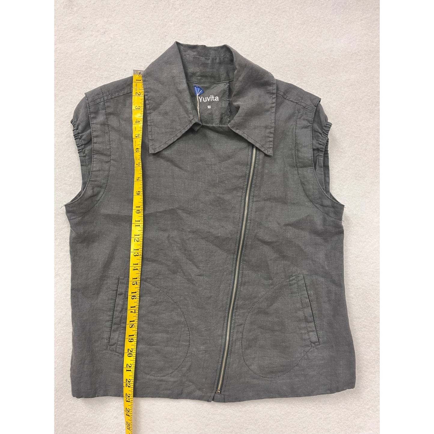 Gray Yuvita Womens Sleeveless Linen Vest Jacket Medium With Front Zipper & Pockets #6179
