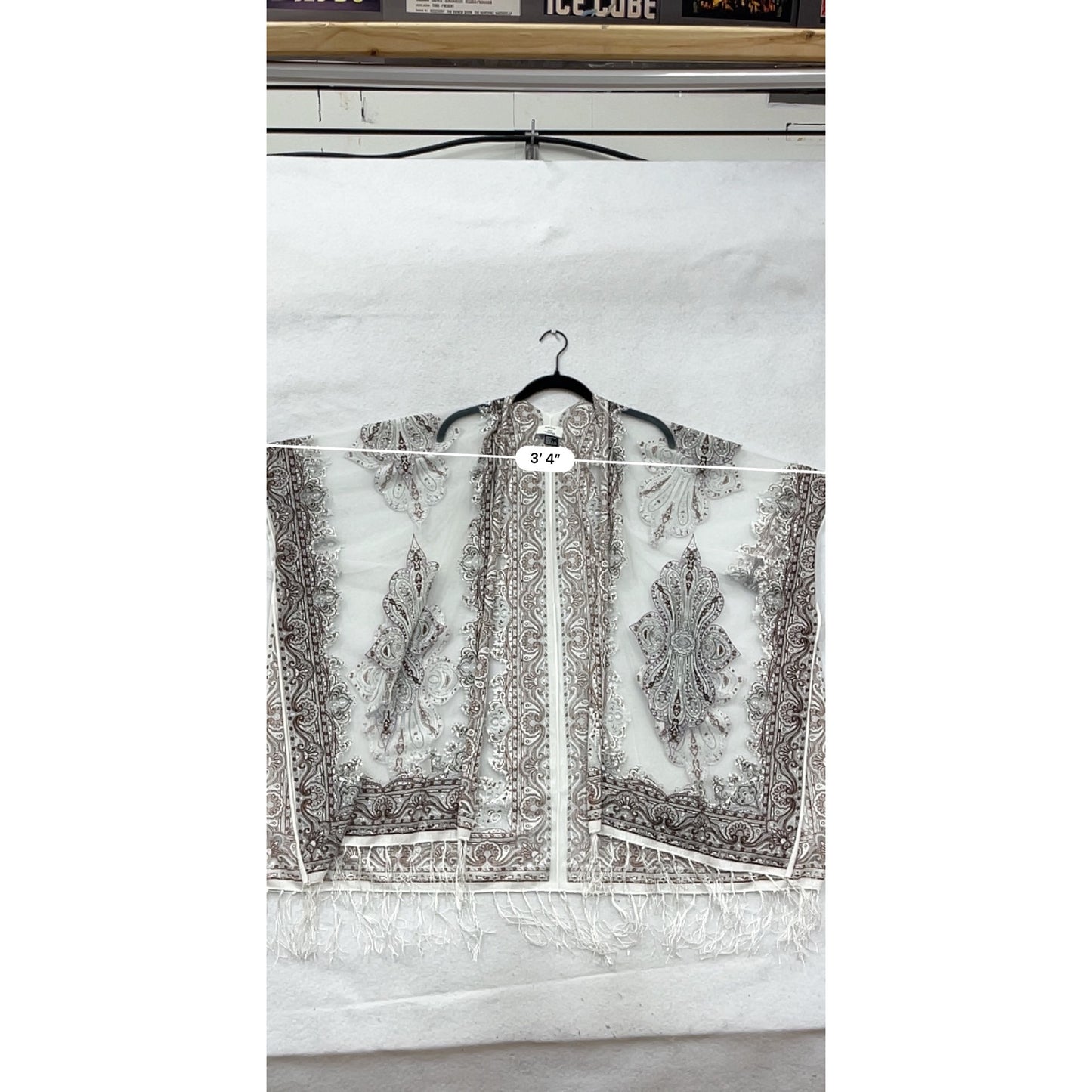 Paisley Sheer Fringe Cardigan OS White & Burgundy By David And Young #8767