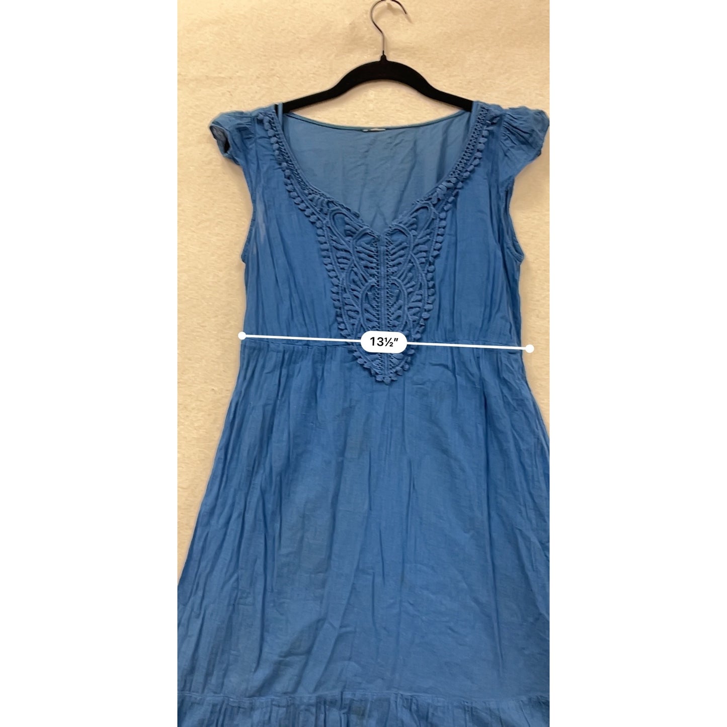 Blue Cotton Boho Midi Dress With Pom Pom Detail & Tiered Hemline #8133