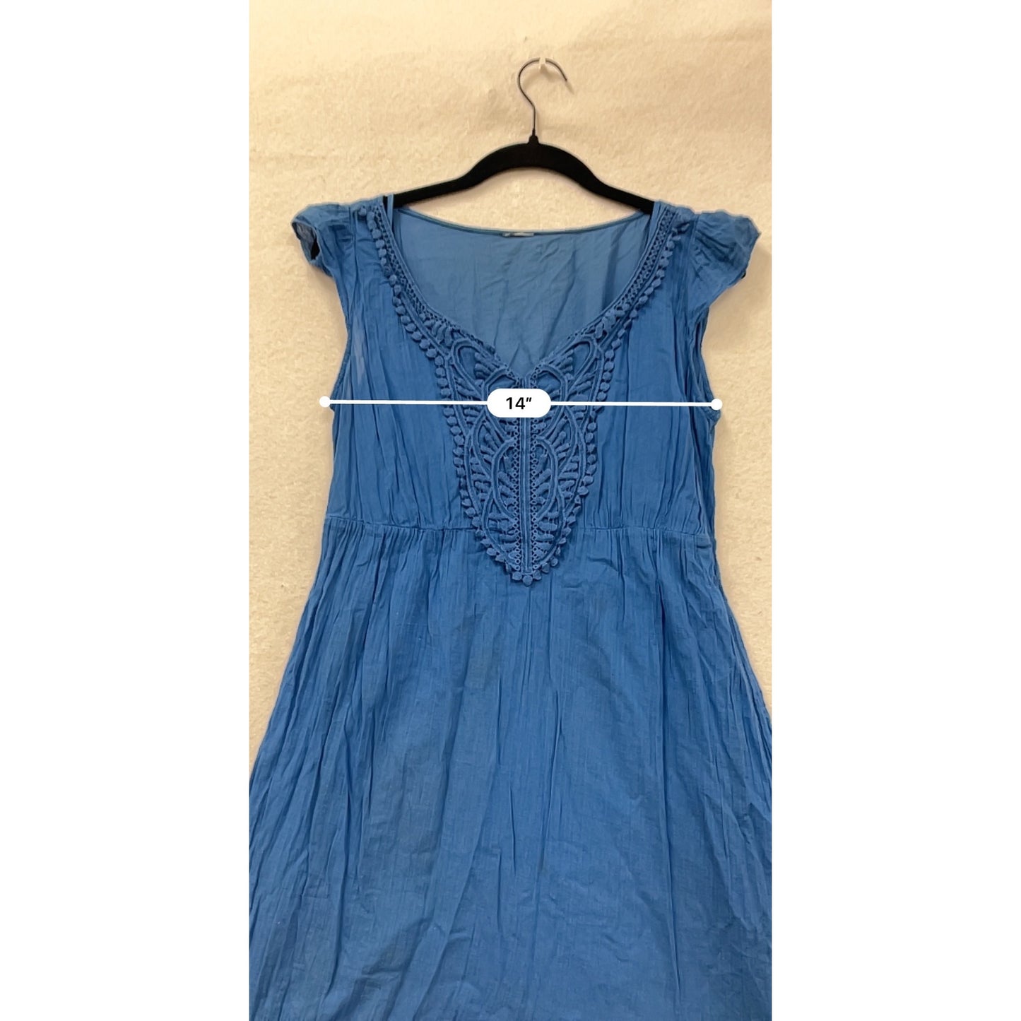 Blue Cotton Boho Midi Dress With Pom Pom Detail & Tiered Hemline #8133