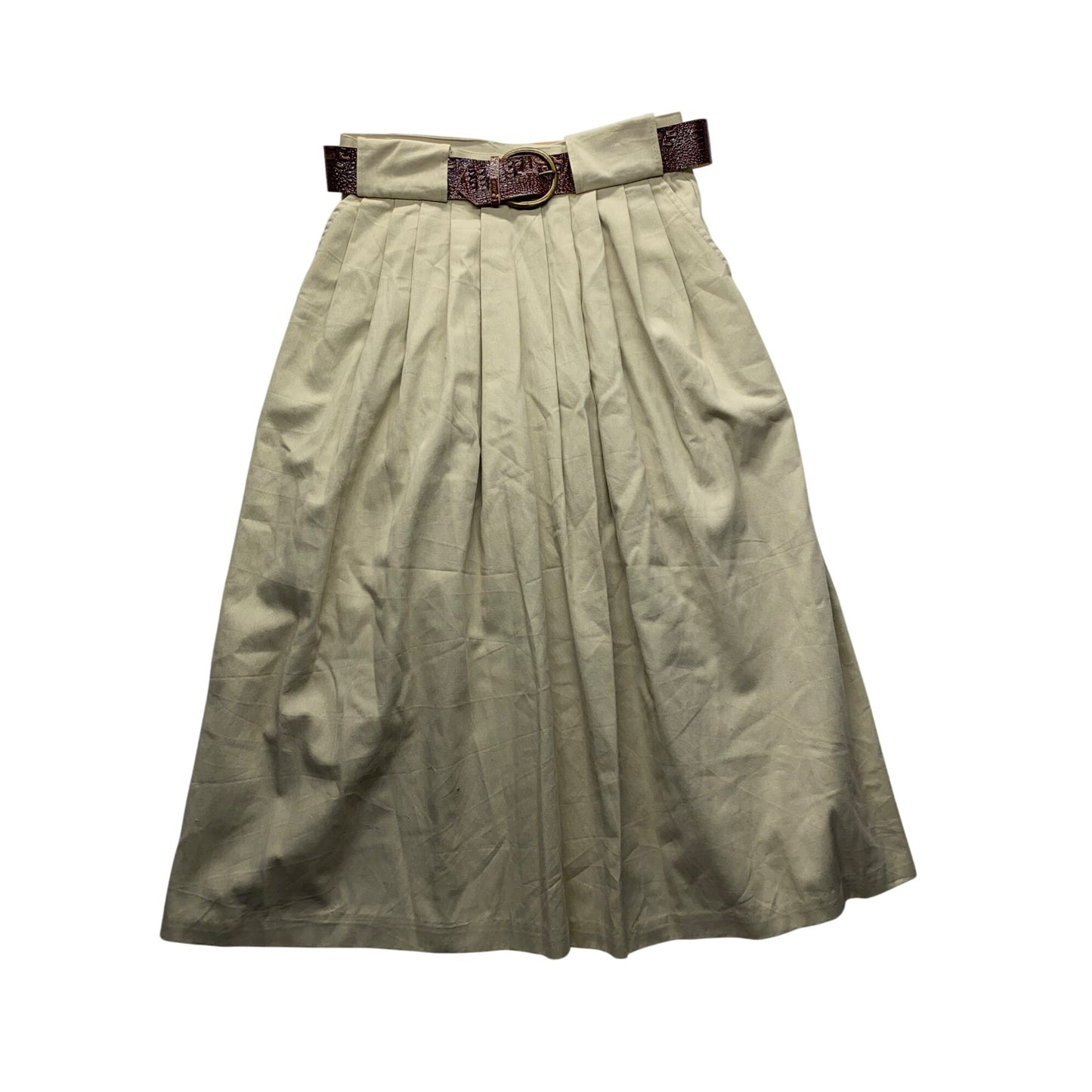 Vintage Mainframe Pleated Khaki Midi Skirt With Brown Croc Belt & Pockets #5876