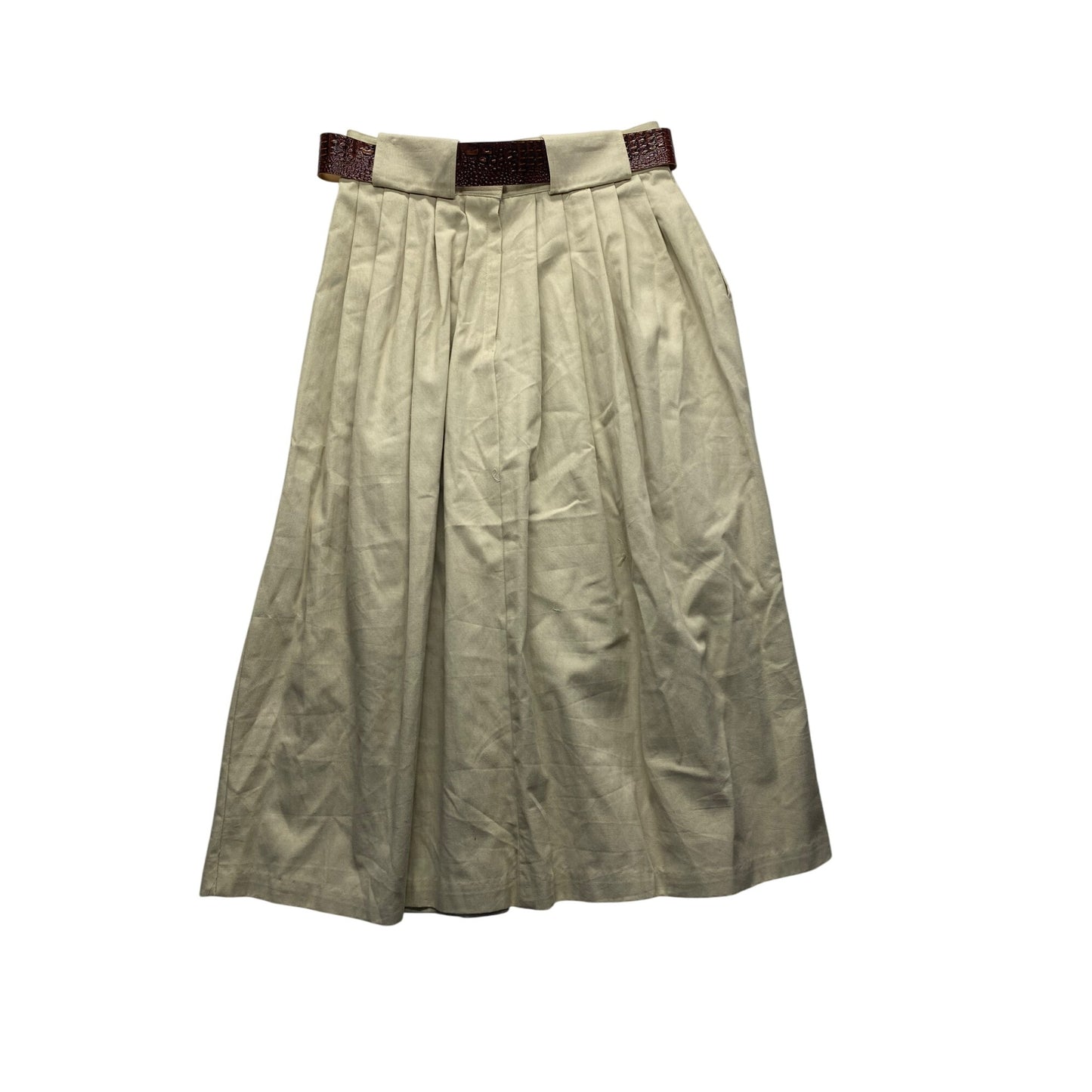 Vintage Mainframe Pleated Khaki Midi Skirt With Brown Croc Belt & Pockets #5876