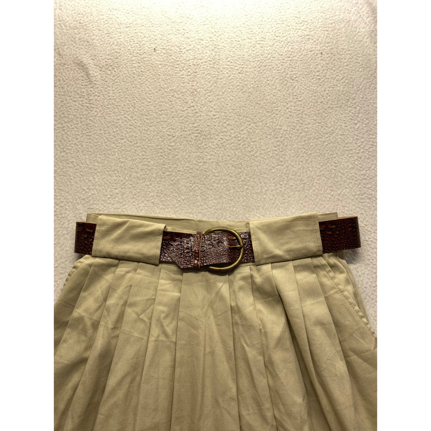 Vintage Mainframe Pleated Khaki Midi Skirt With Brown Croc Belt & Pockets #5876