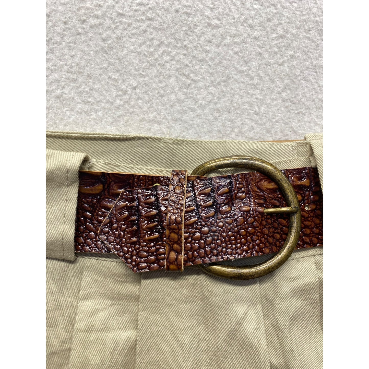 Vintage Mainframe Pleated Khaki Midi Skirt With Brown Croc Belt & Pockets #5876