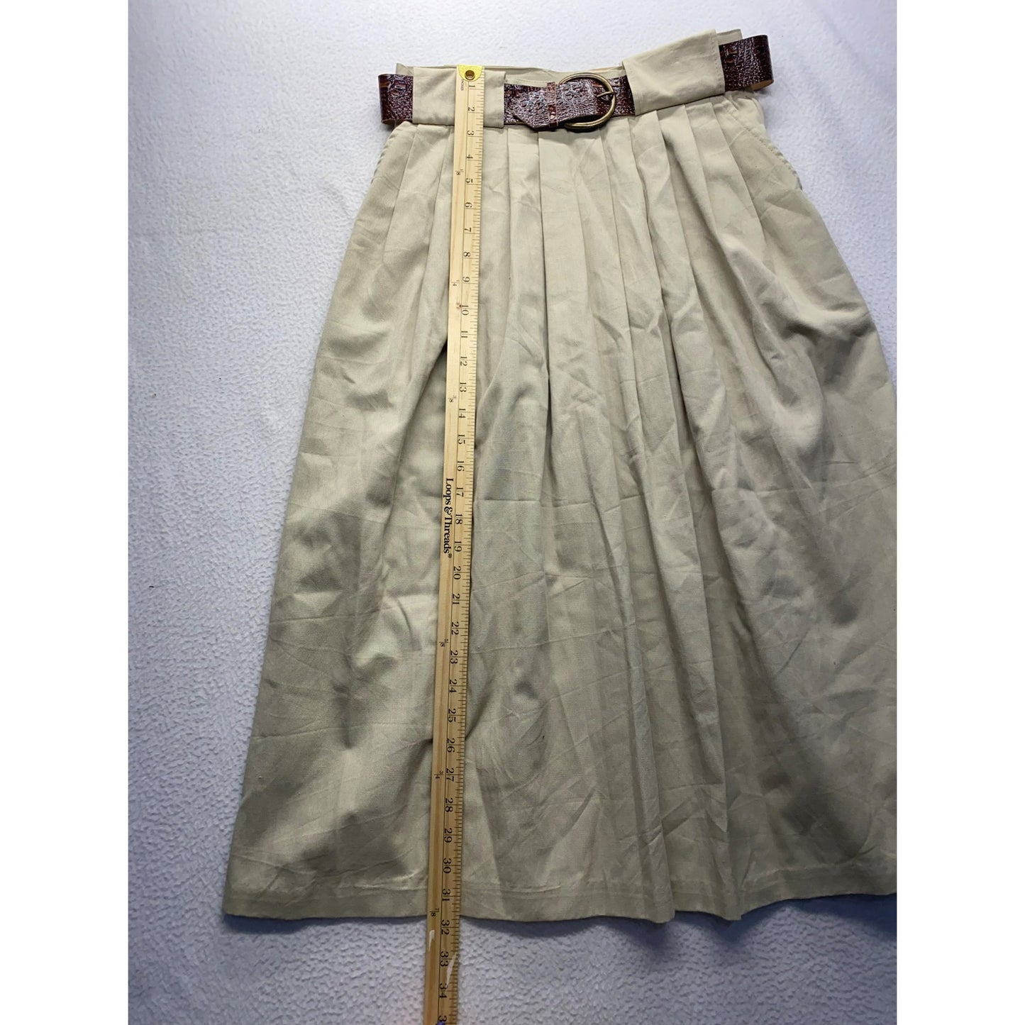Vintage Mainframe Pleated Khaki Midi Skirt With Brown Croc Belt & Pockets #5876