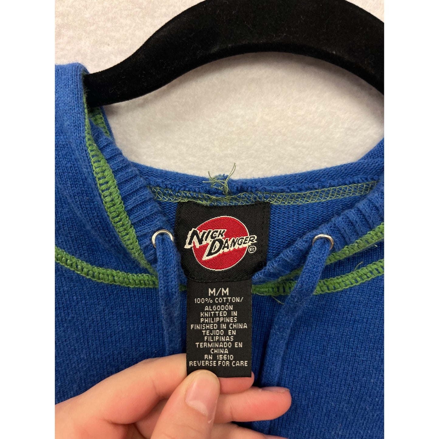 Nick Danger Blue Hooded Sweater W/ Green Stitching Mens M 100% Cotton Casual Knit Pullover #6713