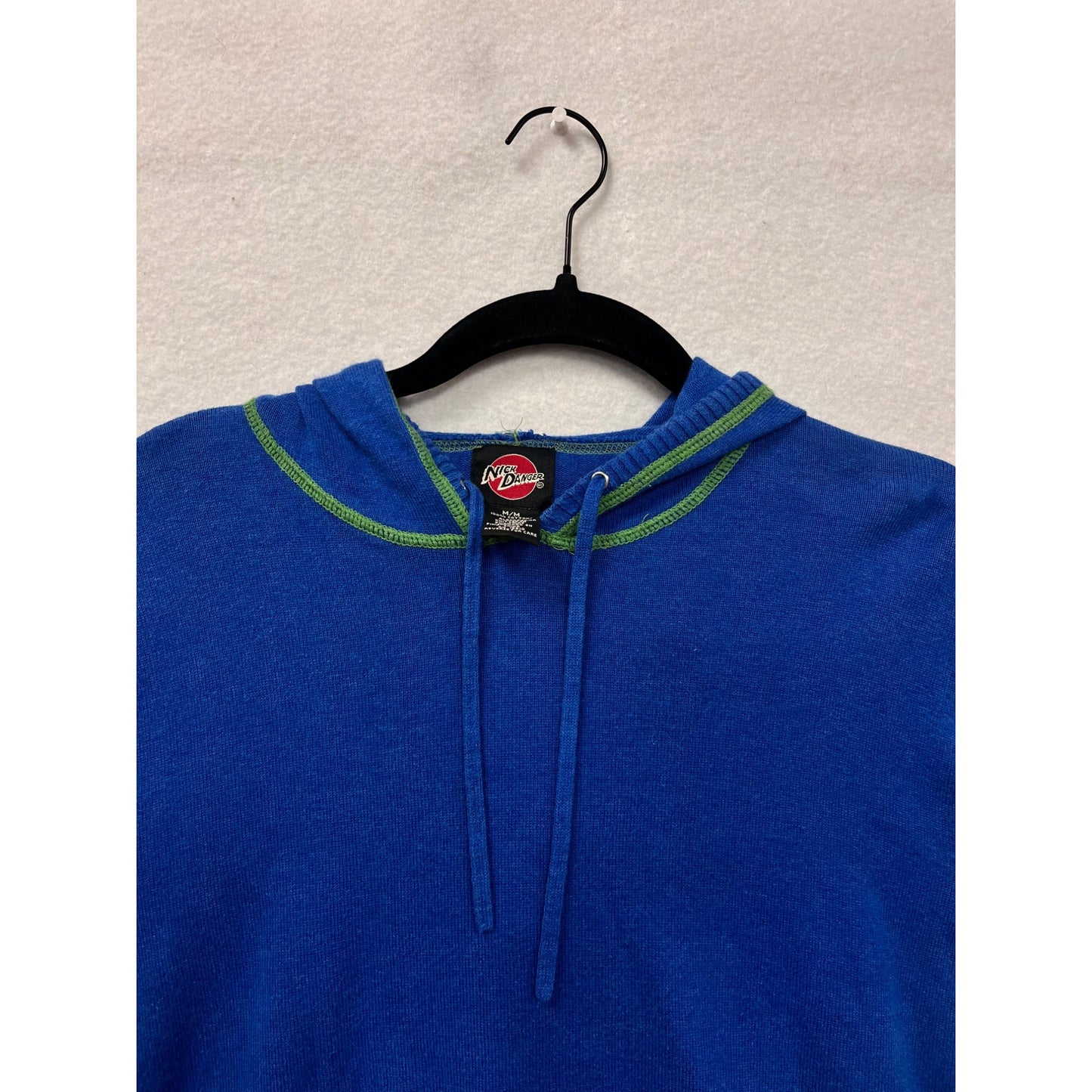 Nick Danger Blue Hooded Sweater W/ Green Stitching Mens M 100% Cotton Casual Knit Pullover #6713