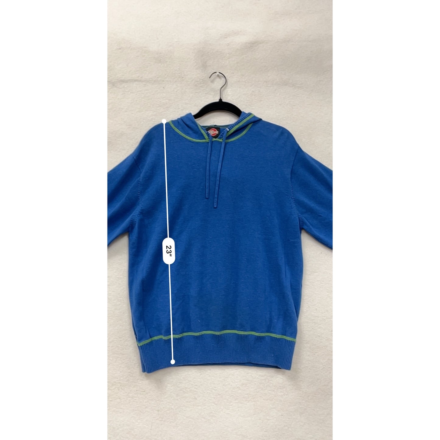 Nick Danger Blue Hooded Sweater W/ Green Stitching Mens M 100% Cotton Casual Knit Pullover #6713