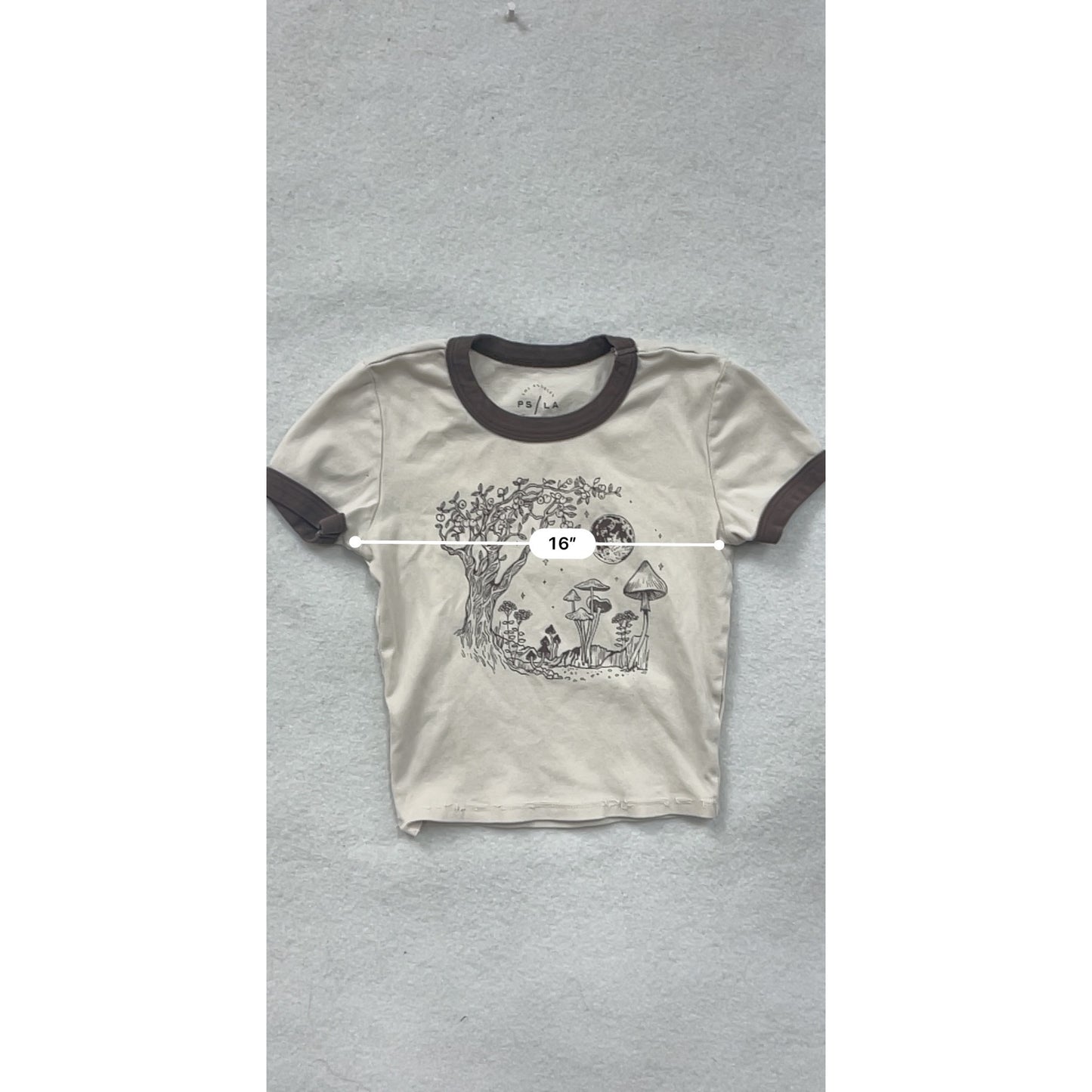 Womens XS PS/LA Beige & Brown Ringer Tee With Mushroom & Moon Graphic #6833
