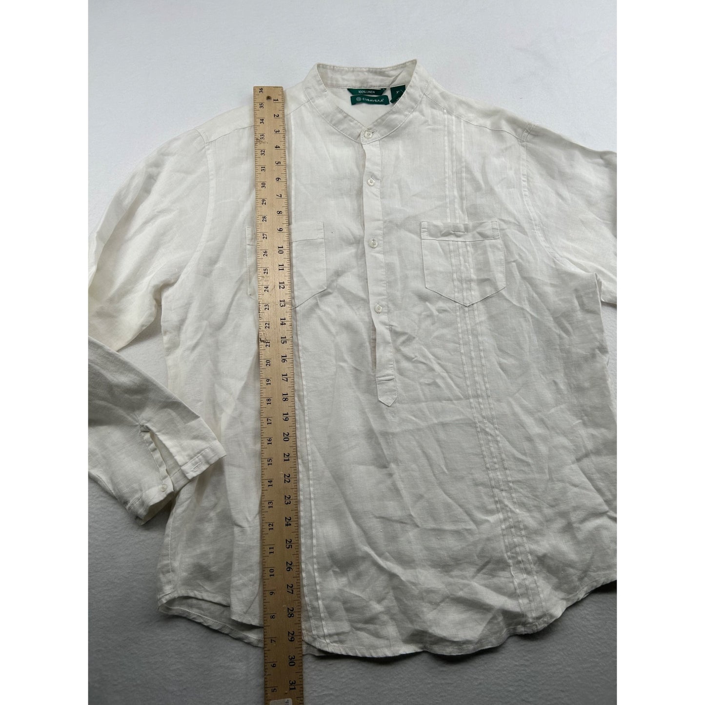 Cubavera Mens XL White 100% Linen Long-Sleeve Shirt With Front Pockets & Button-Up Closure #6477