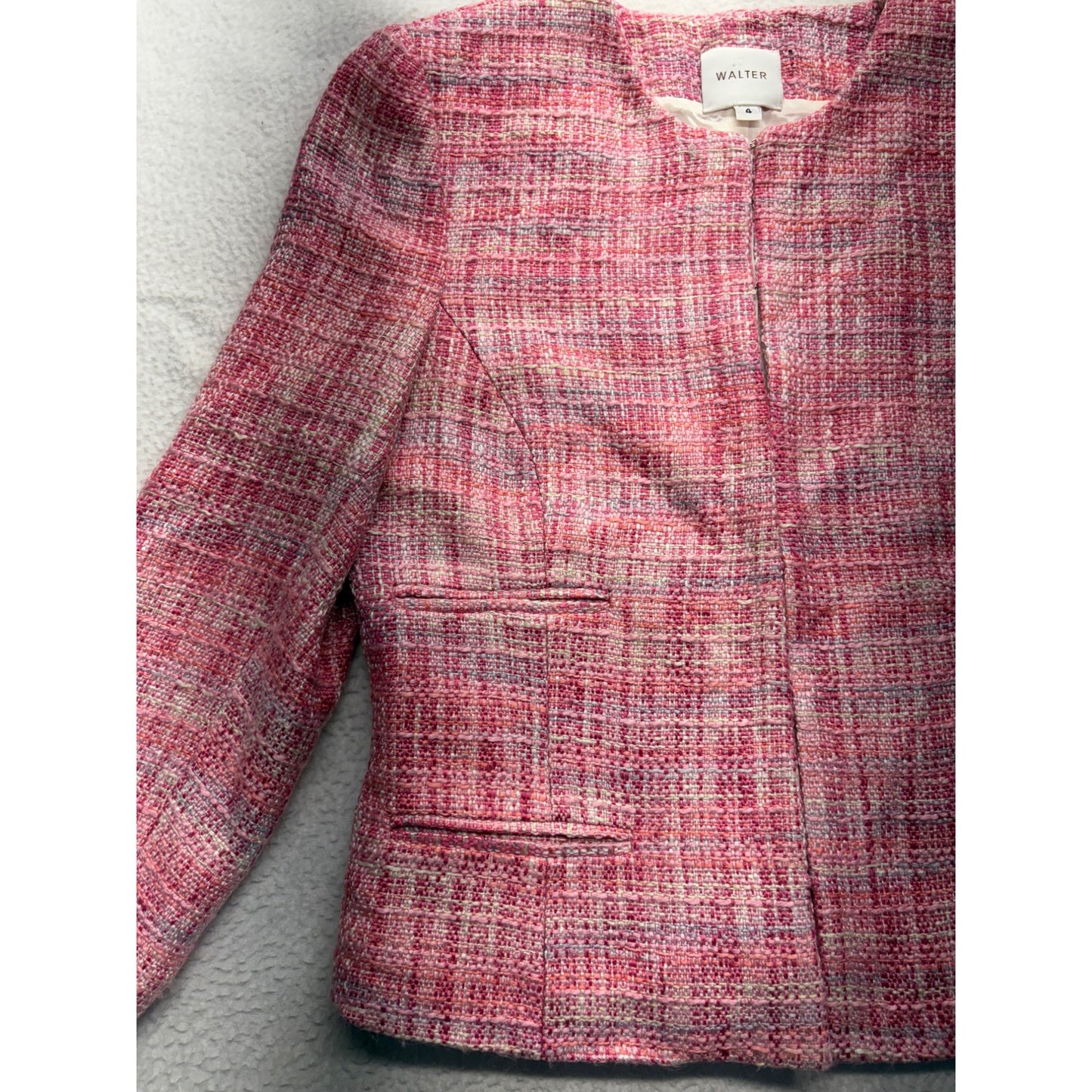 Walter Womens Tweed Blazer Pink Plaid Open Front #7682