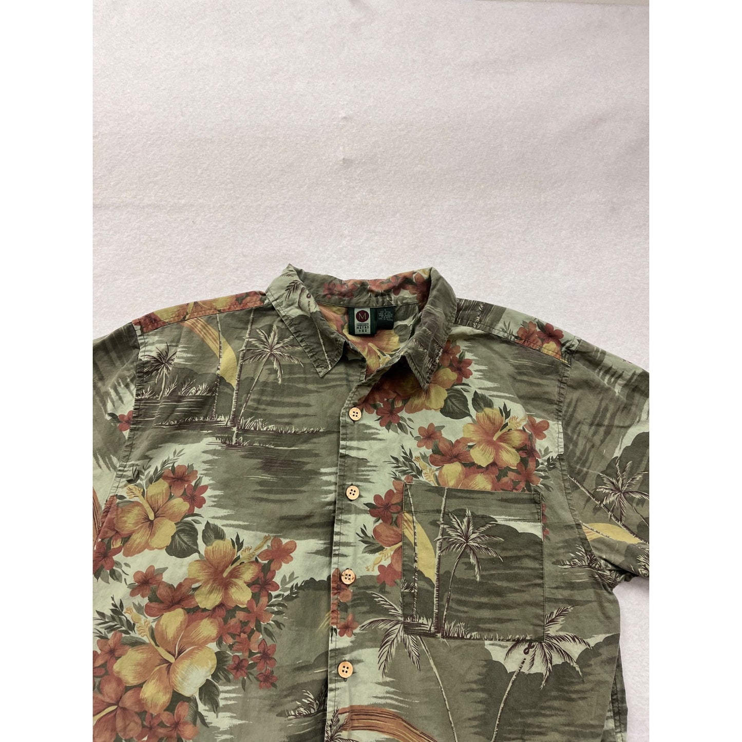 Vintage Metro One Green Hawaiian Button-Up Shirk Mens Size L #8902