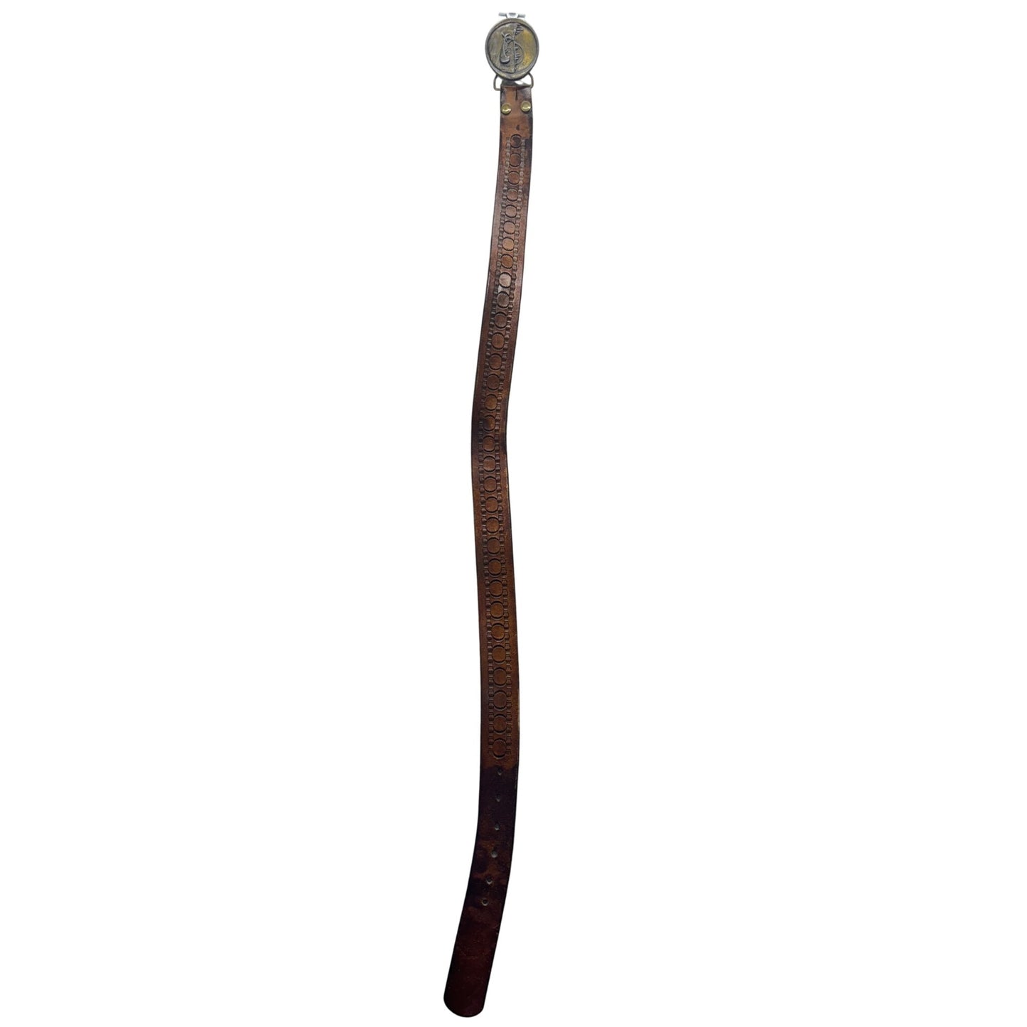 Vintage Artisan Leather Belt With Unique Sculptural Medallion Clasp 78B