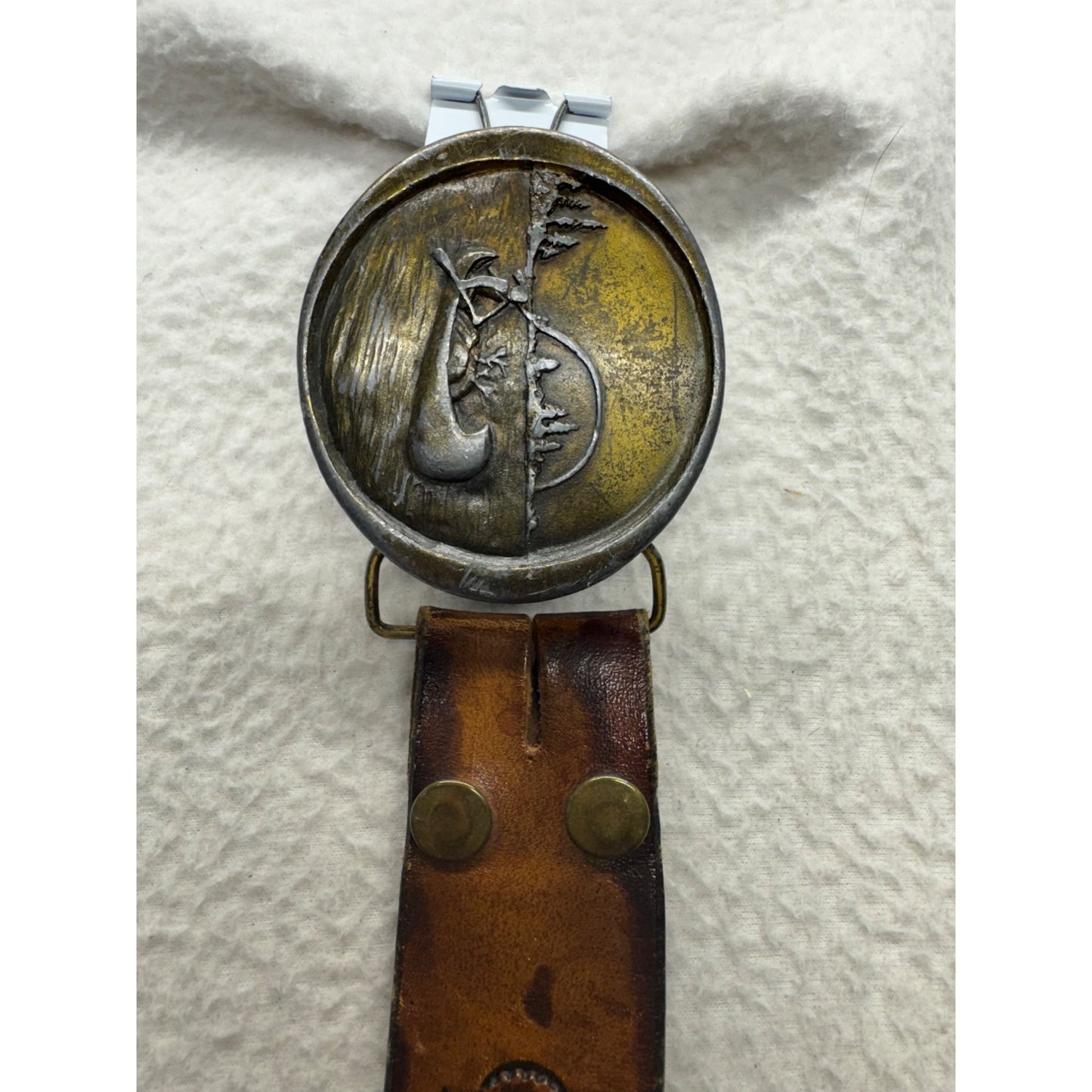 Vintage Artisan Leather Belt With Unique Sculptural Medallion Clasp 78B