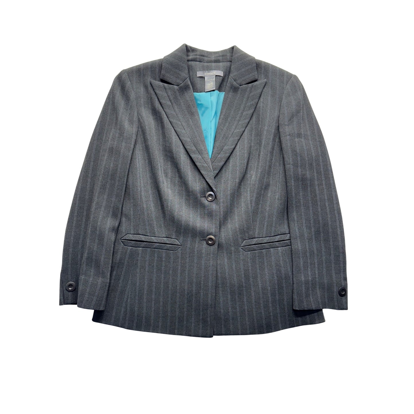Liz Claiborne Gray Pinstripe Blazer Jacket Petite 4 Two-Button Pockets #9416