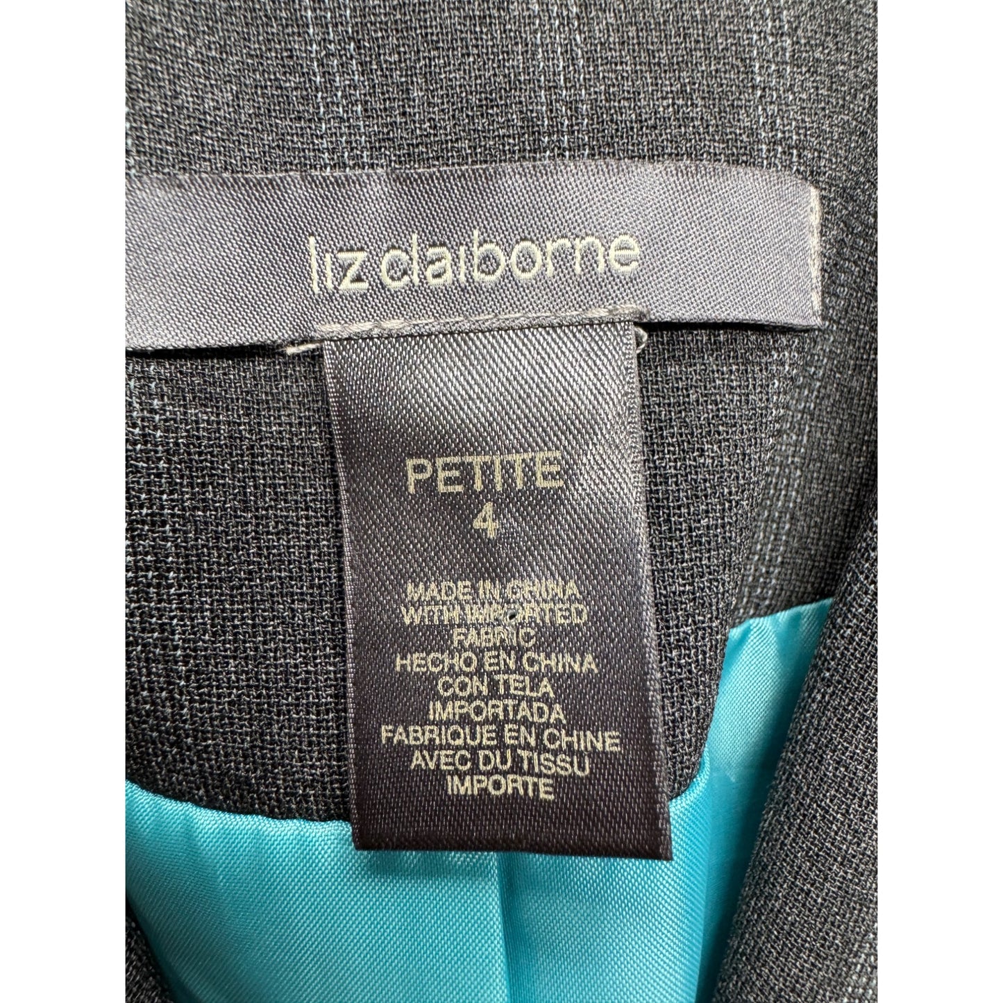 Liz Claiborne Gray Pinstripe Blazer Jacket Petite 4 Two-Button Pockets #9416