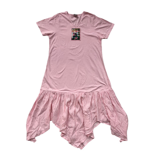 Peanut Punch Womens Pink Asymmetrical Hem Dress Featuring Floral Patch Graphic V-Neck Short Sleeves Size M #6918