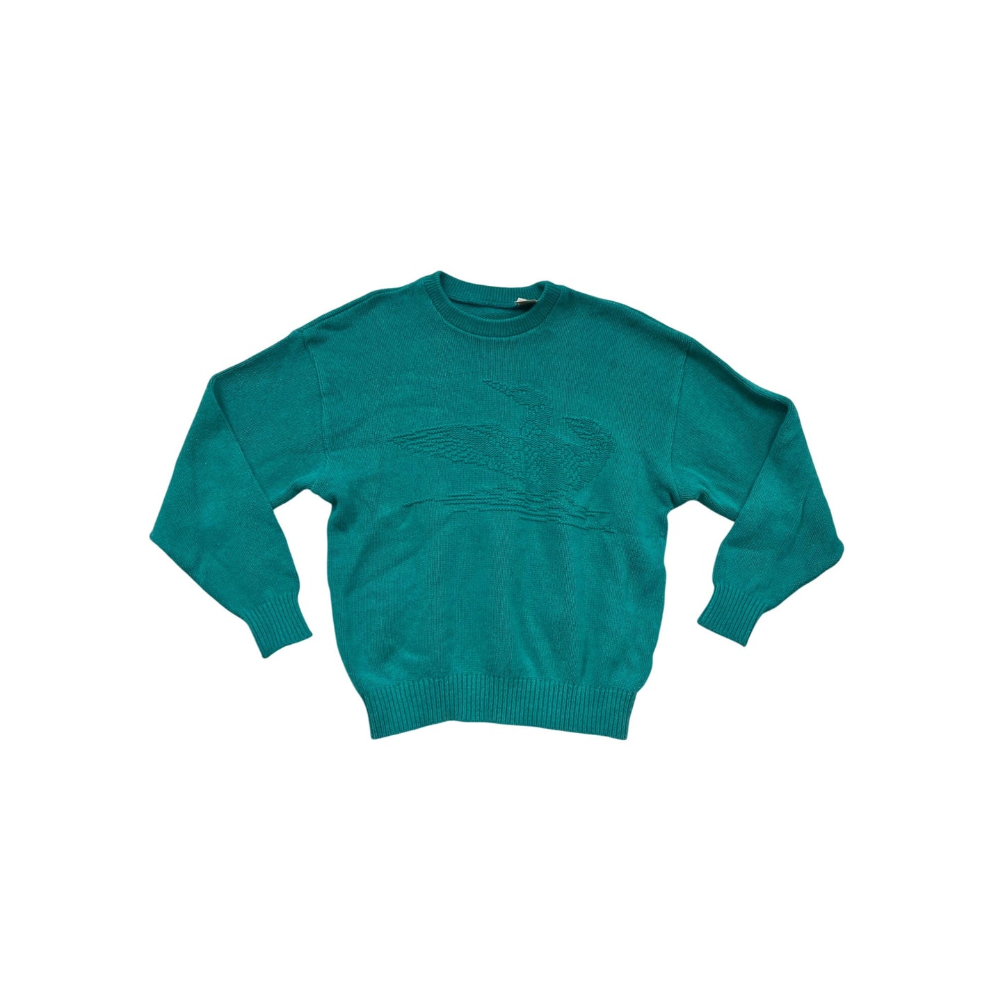 Vintage 1980s Teal Knit Sweater With Embossed Bird Design Crewneck #99A