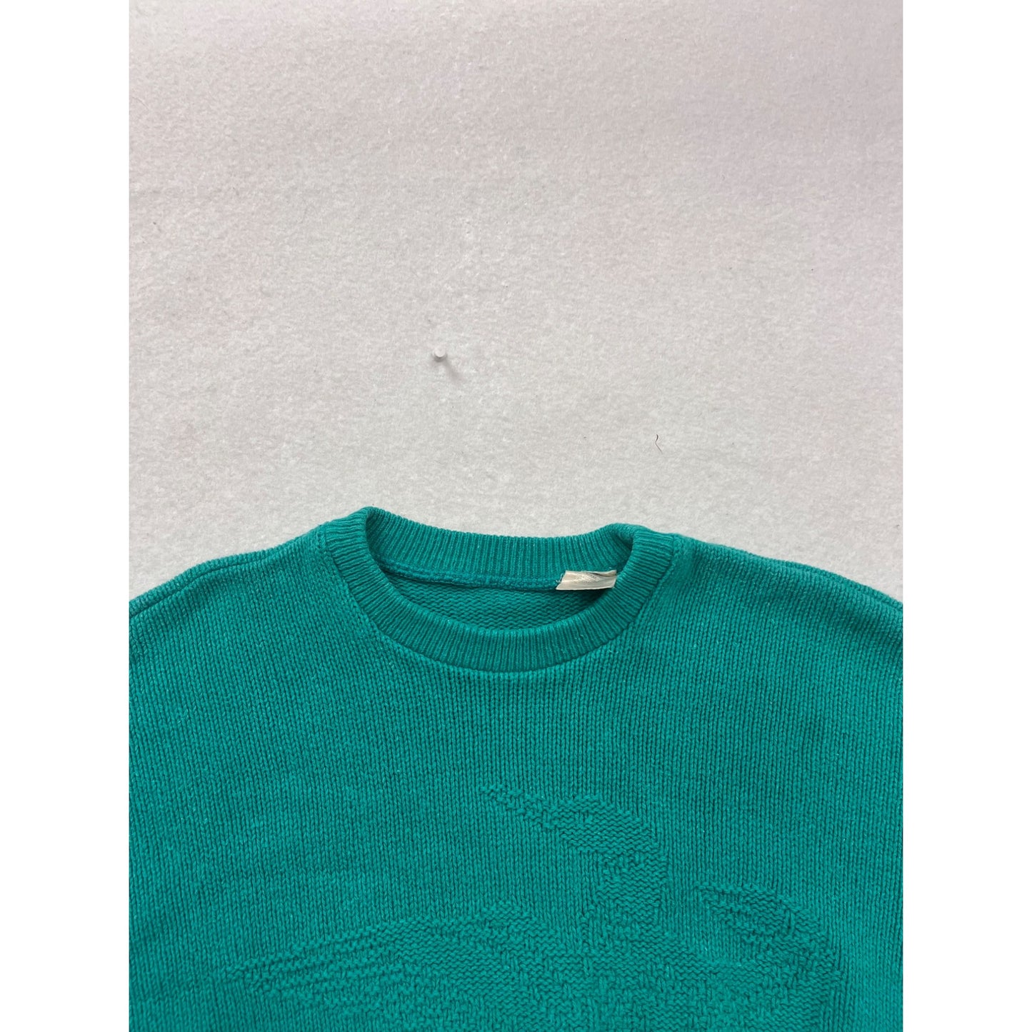 Vintage 1980s Teal Knit Sweater With Embossed Bird Design Crewneck #99A